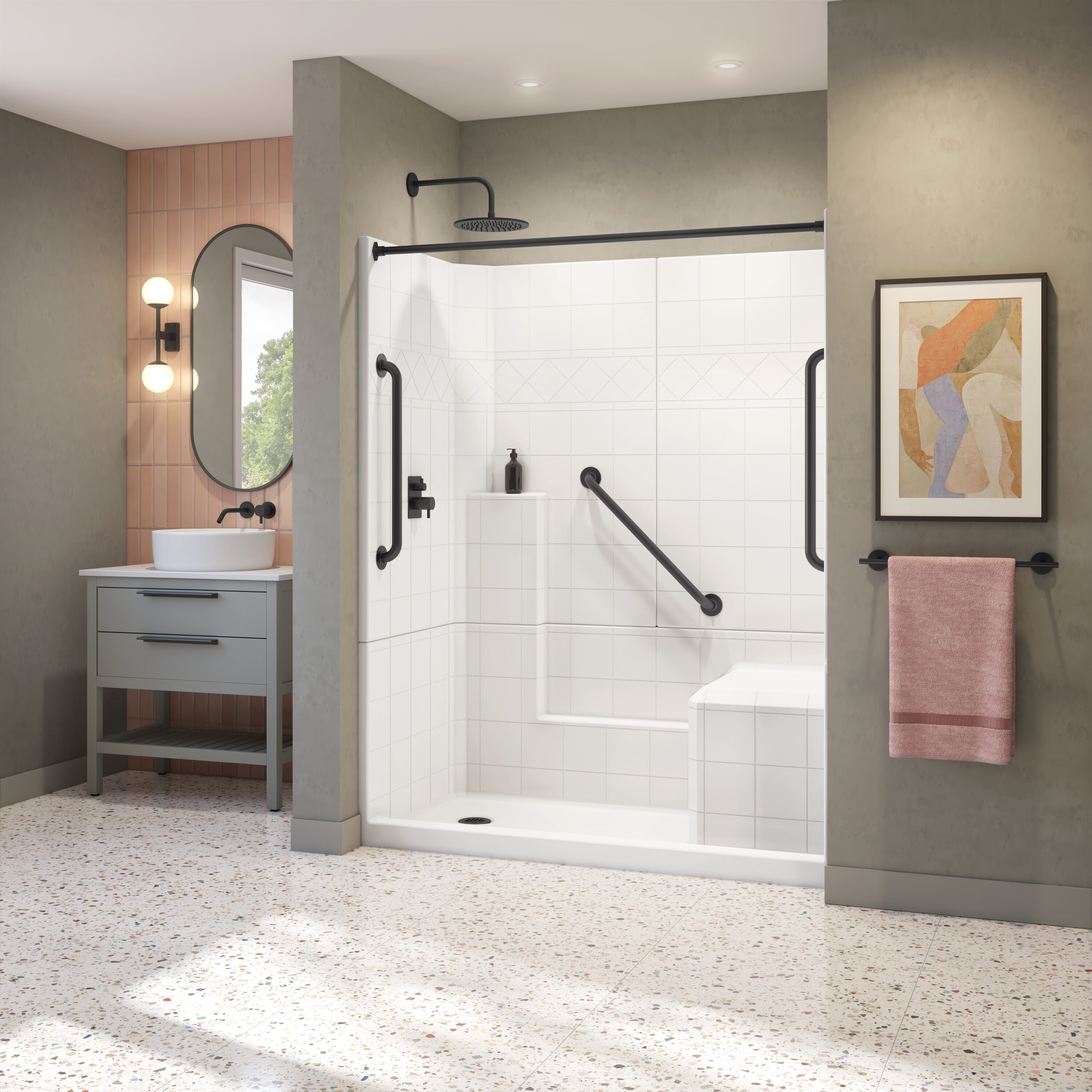 Laurel Mountain Loudon 3 -Piece 33-in W x 60-in L x 77-in H Rectangular Alcove shower kit ( Left Drain) with Integrated Seat Base and Wall Included and Drain Included Black Hardware Included #LM6032SH1S3PRWM2