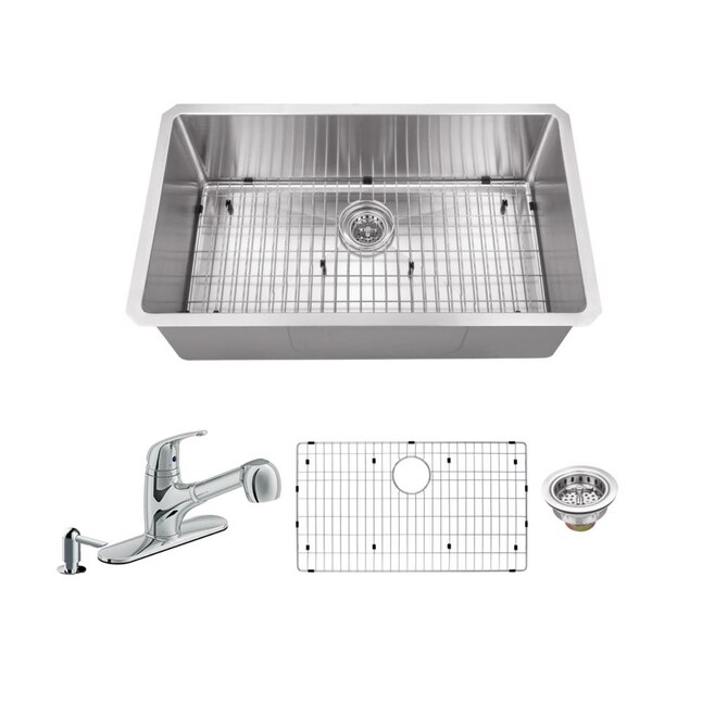 Superior Sinks 30-in x 18-in Satin Single Bowl Undermount Residential Kitchen Sink All-in-One Kit Superior Sinks 30-in x 18-in Satin Single Bowl Undermount Residential Kitchen Sink All-in-One Kit