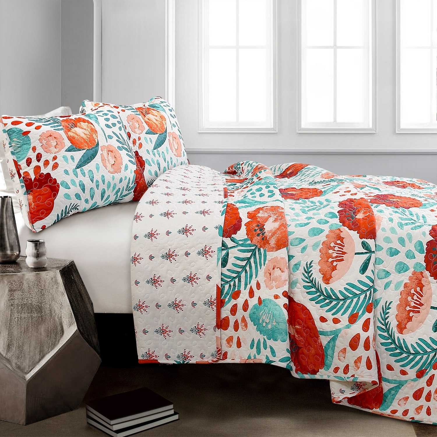 Full Multicolor Cotton Reversible Floral Quilt Set