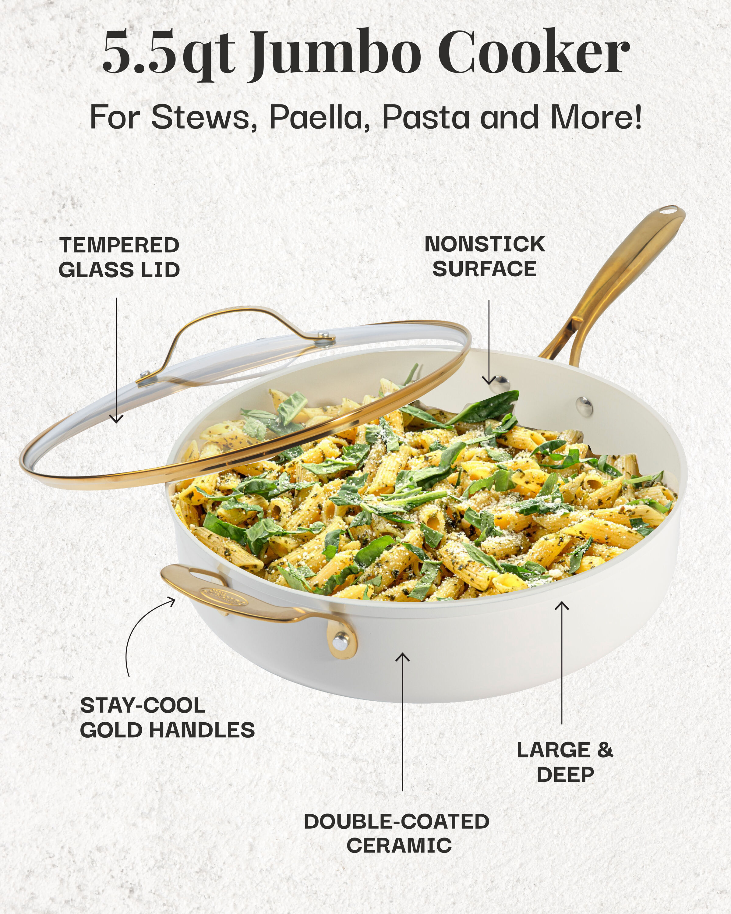 Cream 5.5 Qt Nonstick Ceramic Jumbo Cooker with Gold Handles