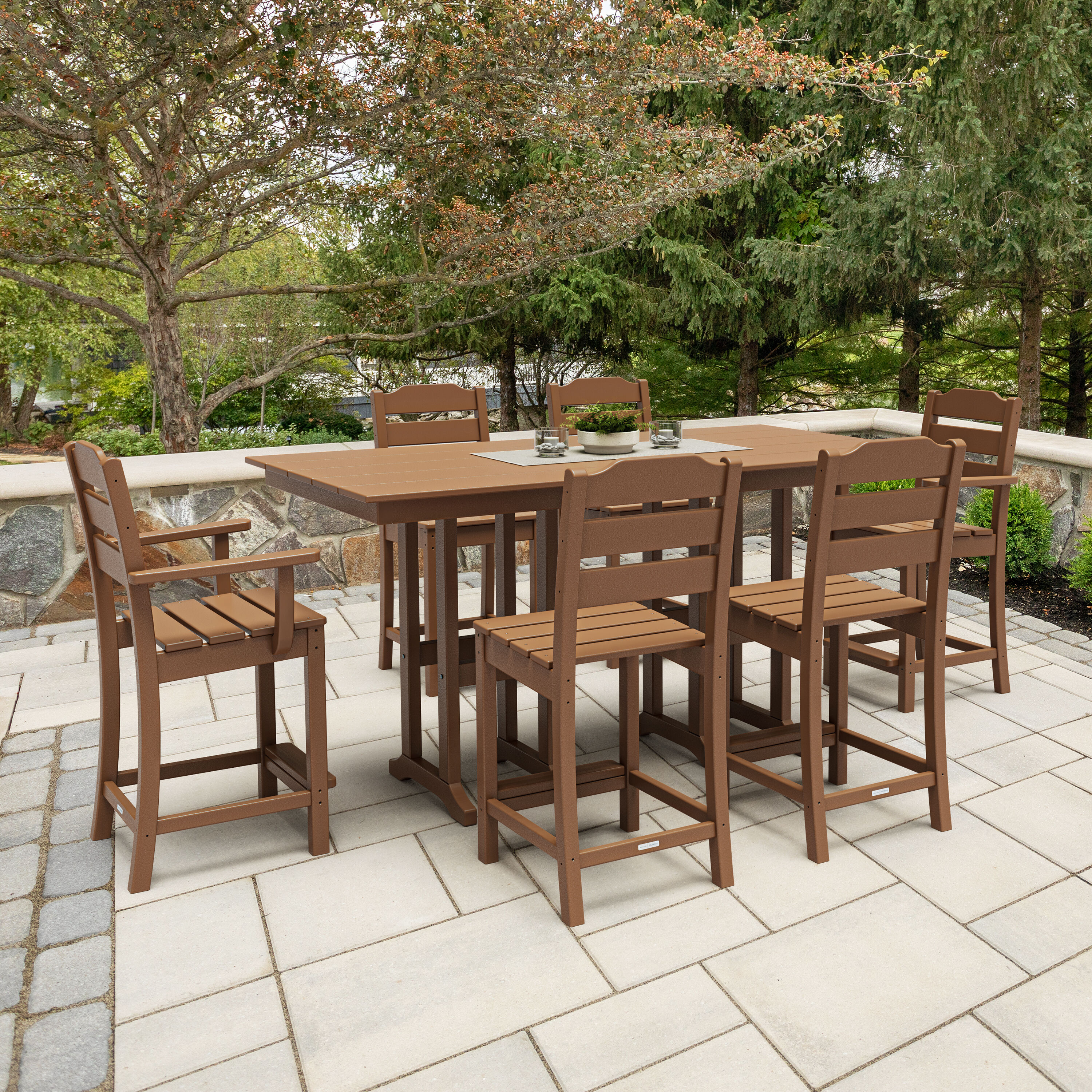 POLYWOOD PWS2537-1-TE Oakport 7 -Piece Teak Balcony Height Patio Dining Set Plastic Rectangle Table with 6 Stationary Chairs