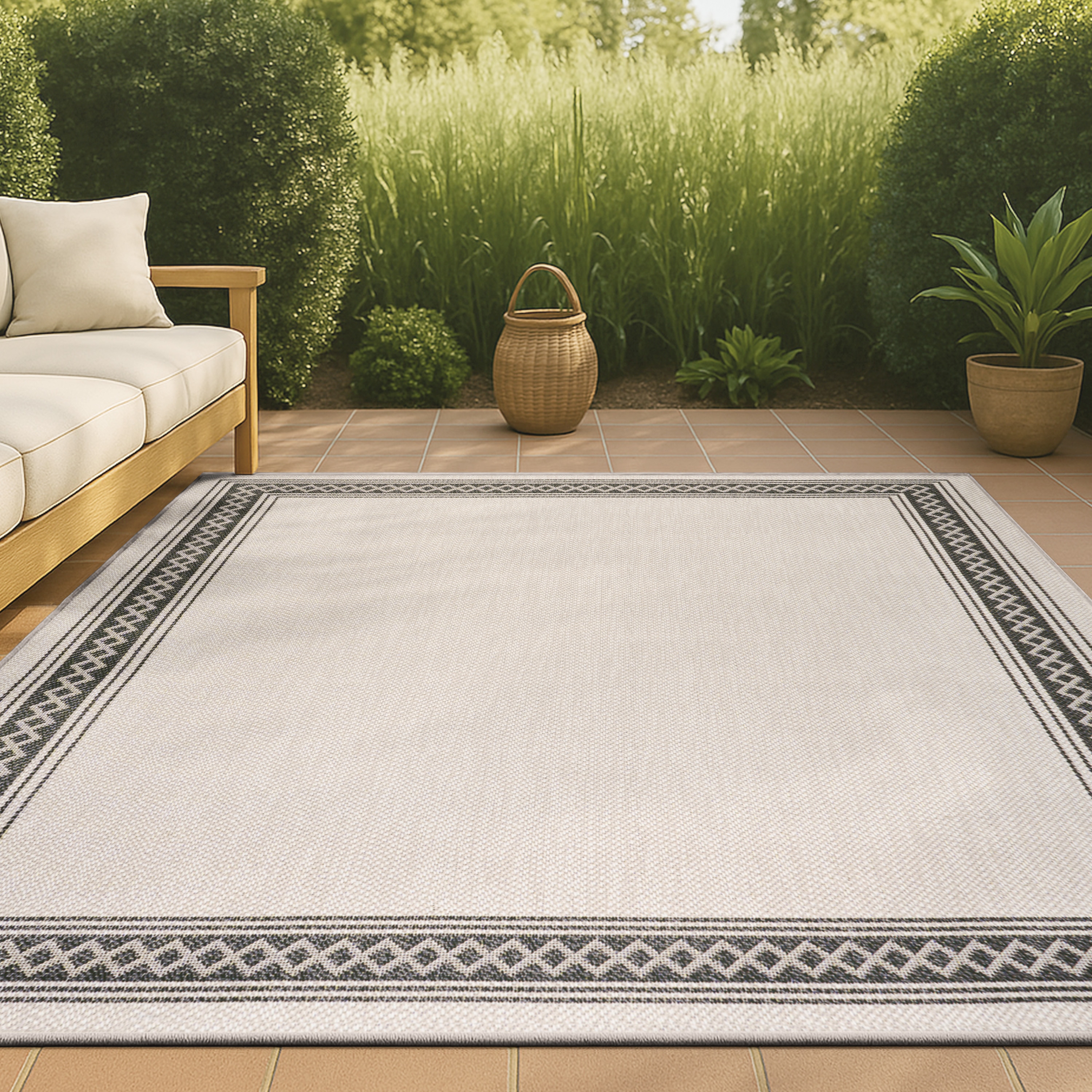 JONATHAN  Y SMB207B-4 Santa Monica Lucia Diamond 4 x 6 (ft) Loomed Polypropylene Cream/Black Rectangular Indoor/Outdoor Border Farmhouse/Cottage Area rug