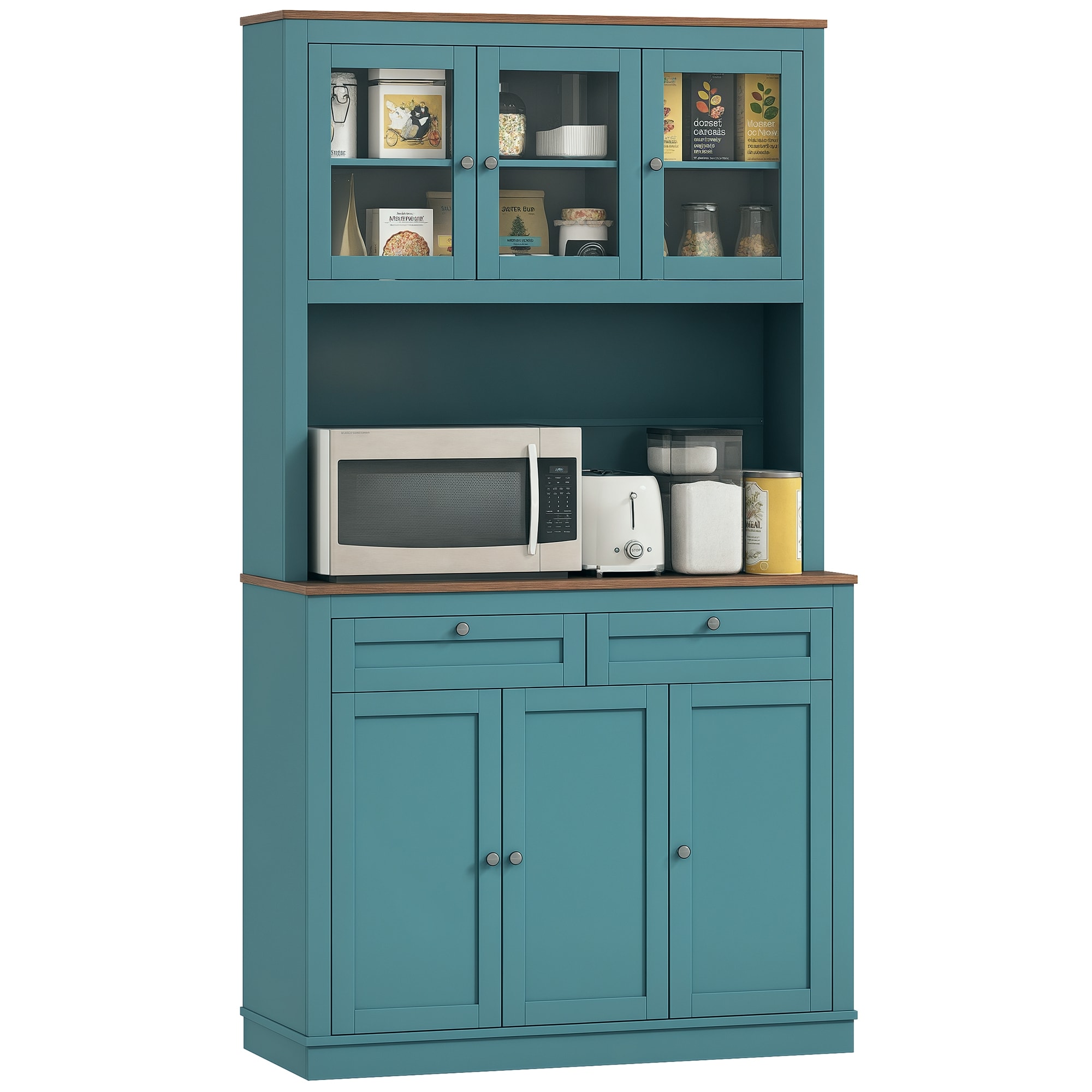 HomCom 83A-068V80GN 71  Tall Kitchen Pantry Storage Cabinet with 2 Drawers  Microwave Cabinet with Adjustable Shelves and Glass Doors  Green