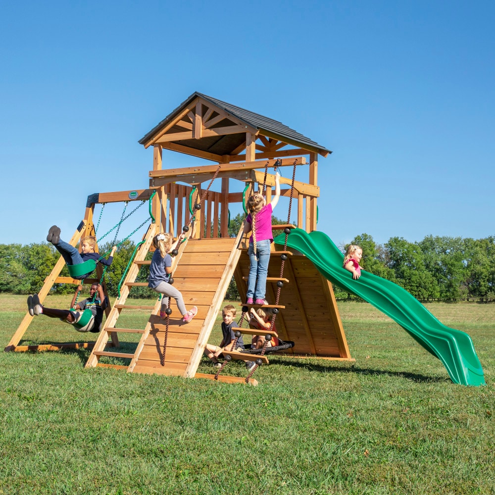 Backyard Discovery Endeavor Residential Wood Playset with 3 Swings and Slide Included #2200104COM
