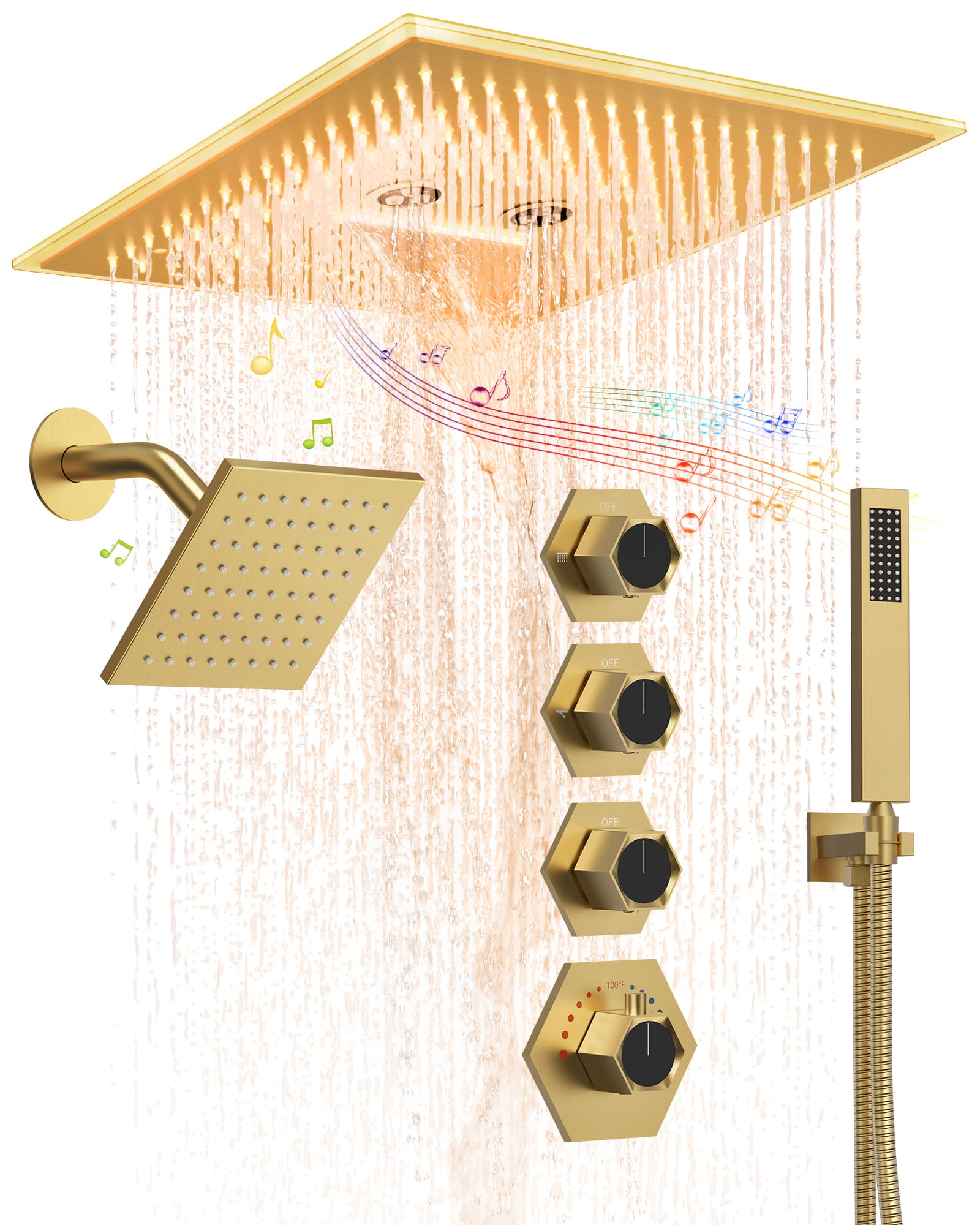 EVERSTEIN SFS-1048-GD16 17-Spray 16 and 6in. Dual Shower Heads Ceiling Mount Fixed and Handheld Shower Head in Brushed Gold