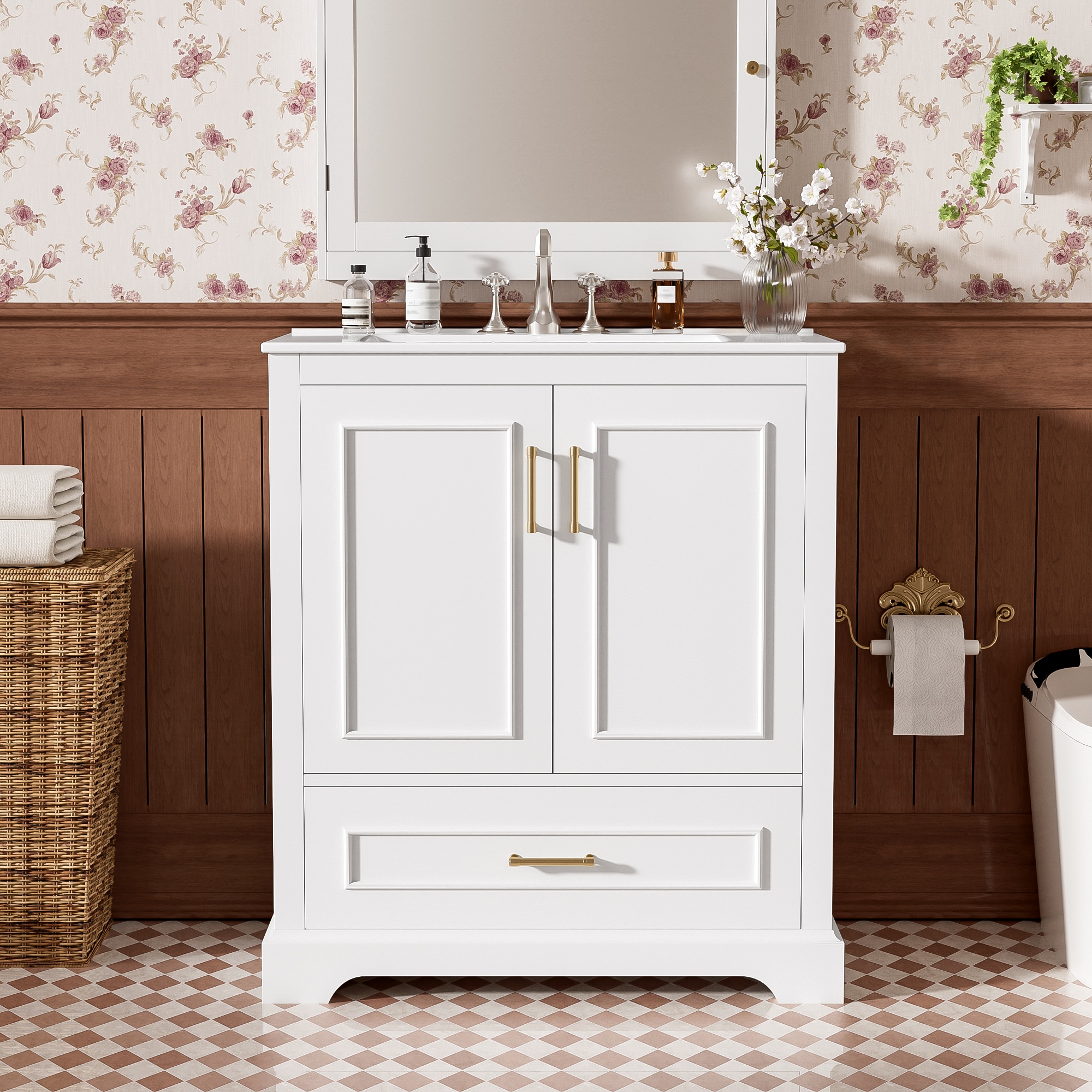 LOVMOR SFRN729P321376K 30 inch Bathroom Vanity with Sink MDF and Solid Wood Frame 1 Divider Drawer and 2 Softclose Doors