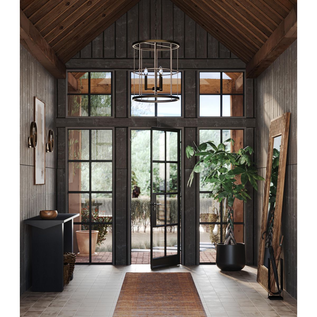 Aged Brass 3-Light Pendant with Woven Metal and Rattan Cage