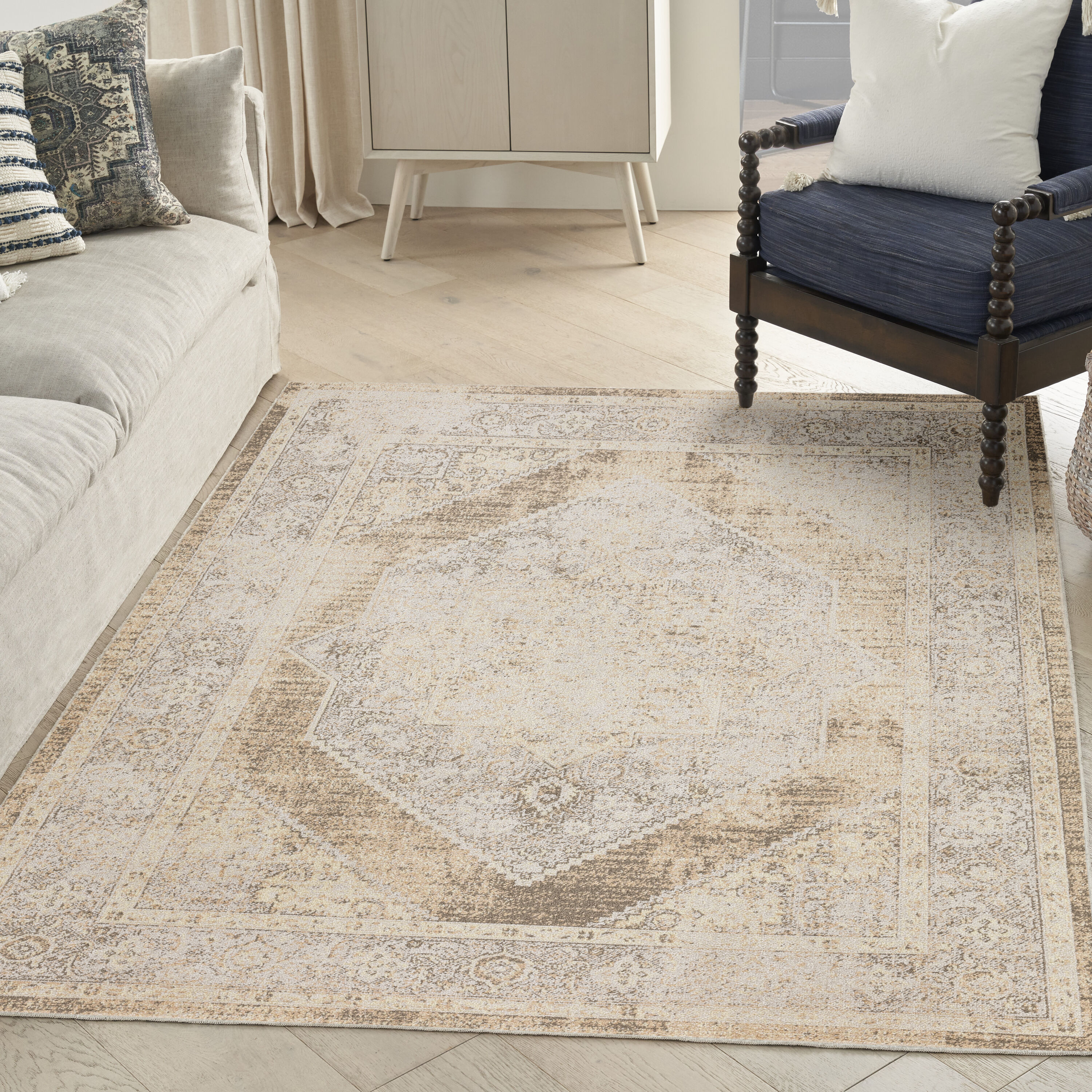Nourison Home 099446964335 Astra Machine Washable 4 x 6 (ft) Loomed Polyester Beige Rectangular Indoor Medallion Persian Machine washable Area rug