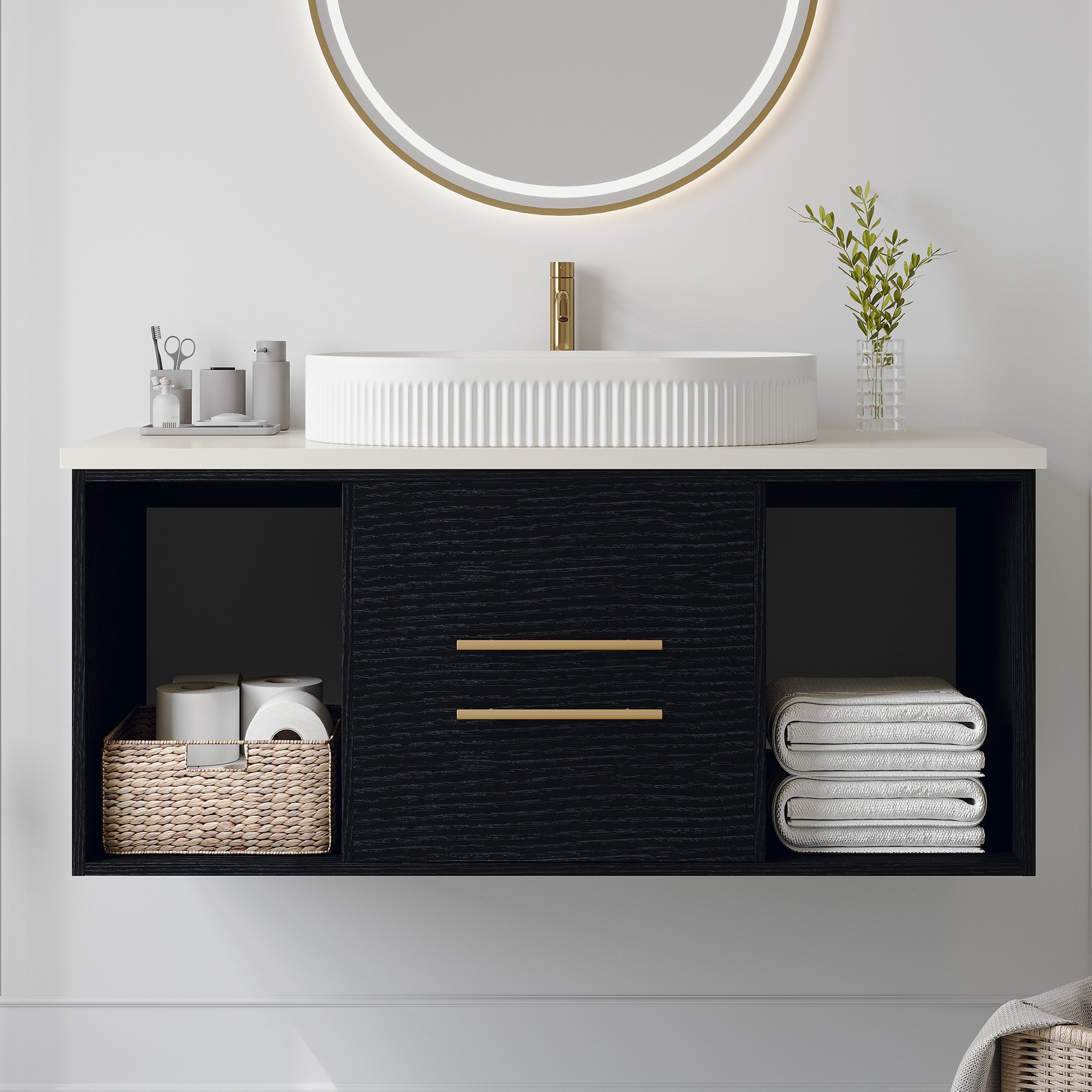 Dexmalle Modern 39.4In Wall-Mounted Bathroom Vanity with Oval Ceramic Sink #W3136S00076