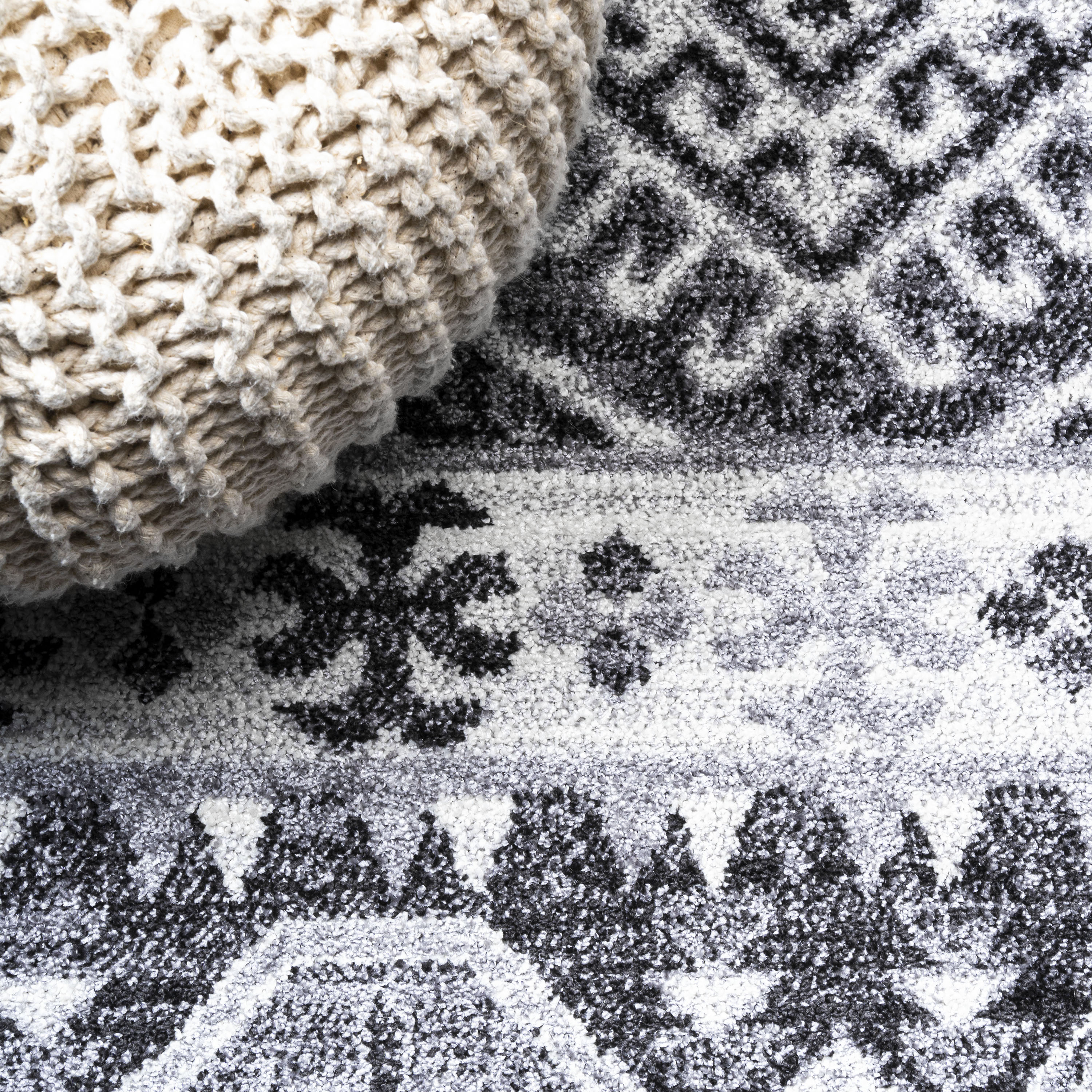 Charcoal and Ivory Distressed Geometric Synthetic Area Rug