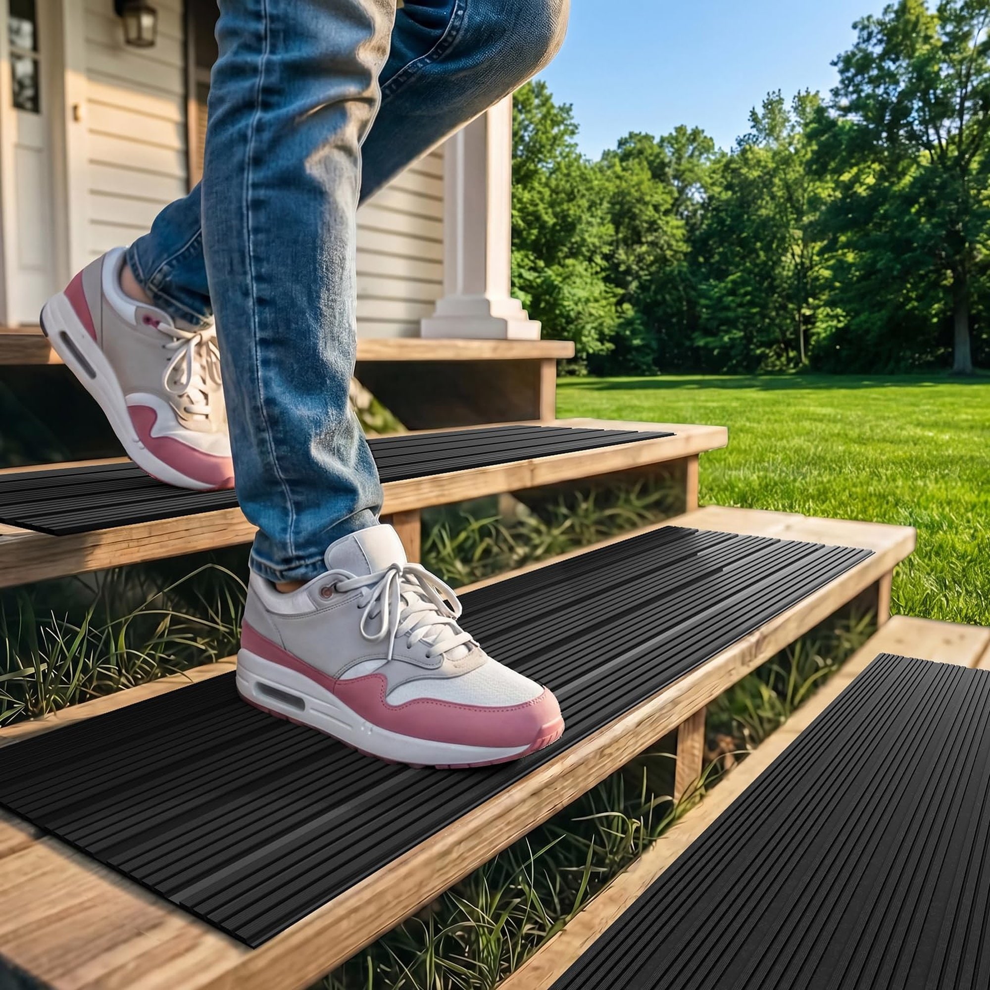 OGETFUUR 5 Pack 8in x 30in Black PVC Stair Treads for Indoor Outdoor Steps featuring Durable PVC Construction and Waterproof Slip Resistant Design