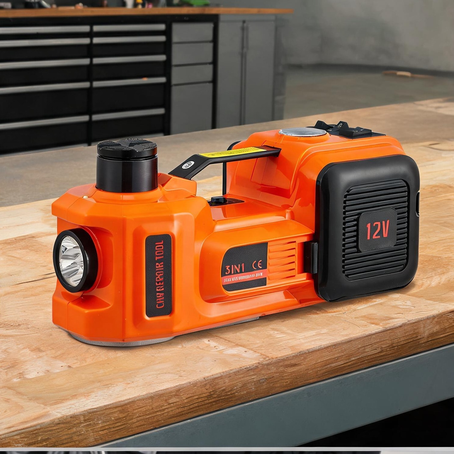 SunJet Car Jacks - Orange-toned electric hydraulic car jack with integrated inflation and LED light for roadside assistance