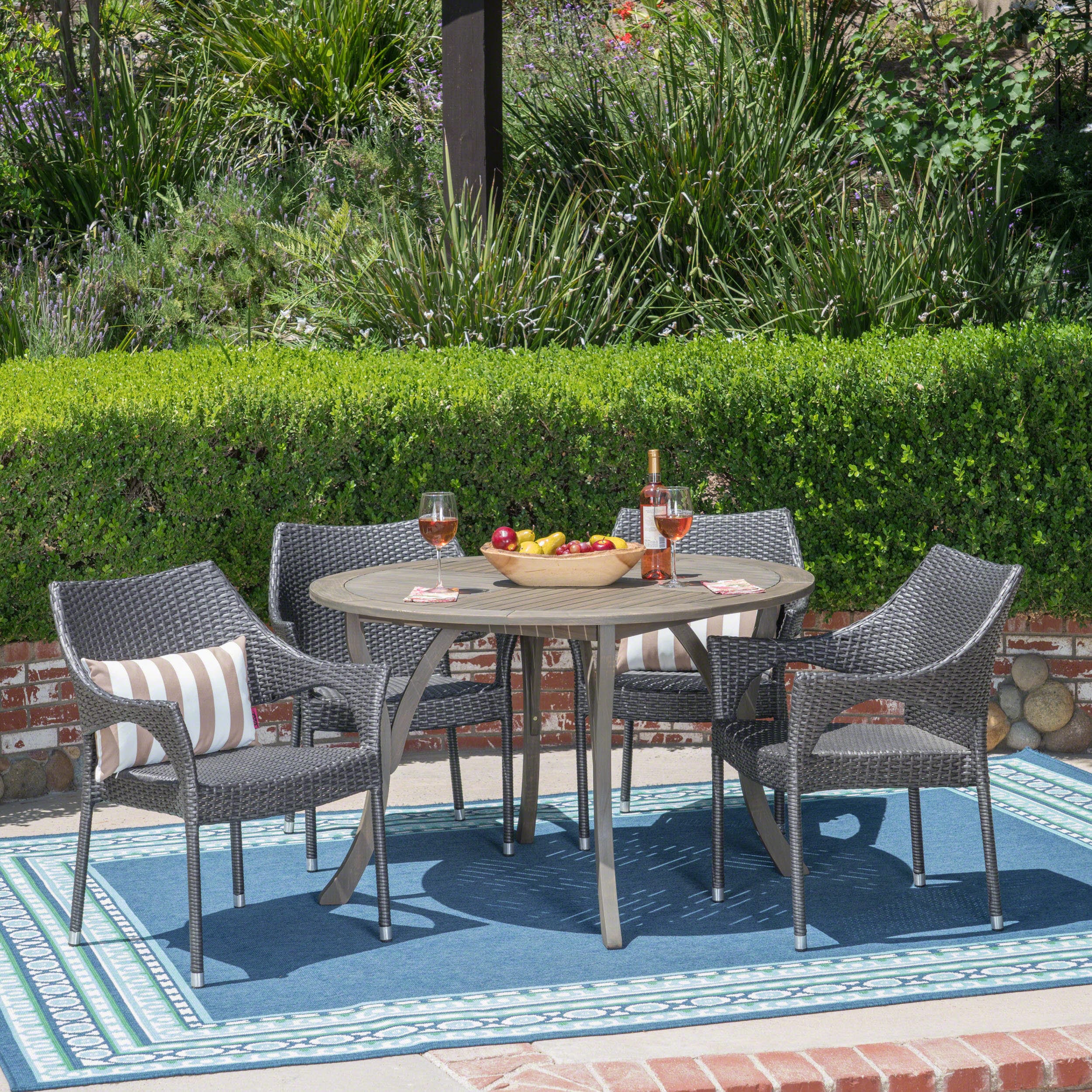 Christopher Knight Home 305018 Laurent Outdoor 5 Piece Acacia Wood and Wicker Dining Set Gray with Gray Chairs