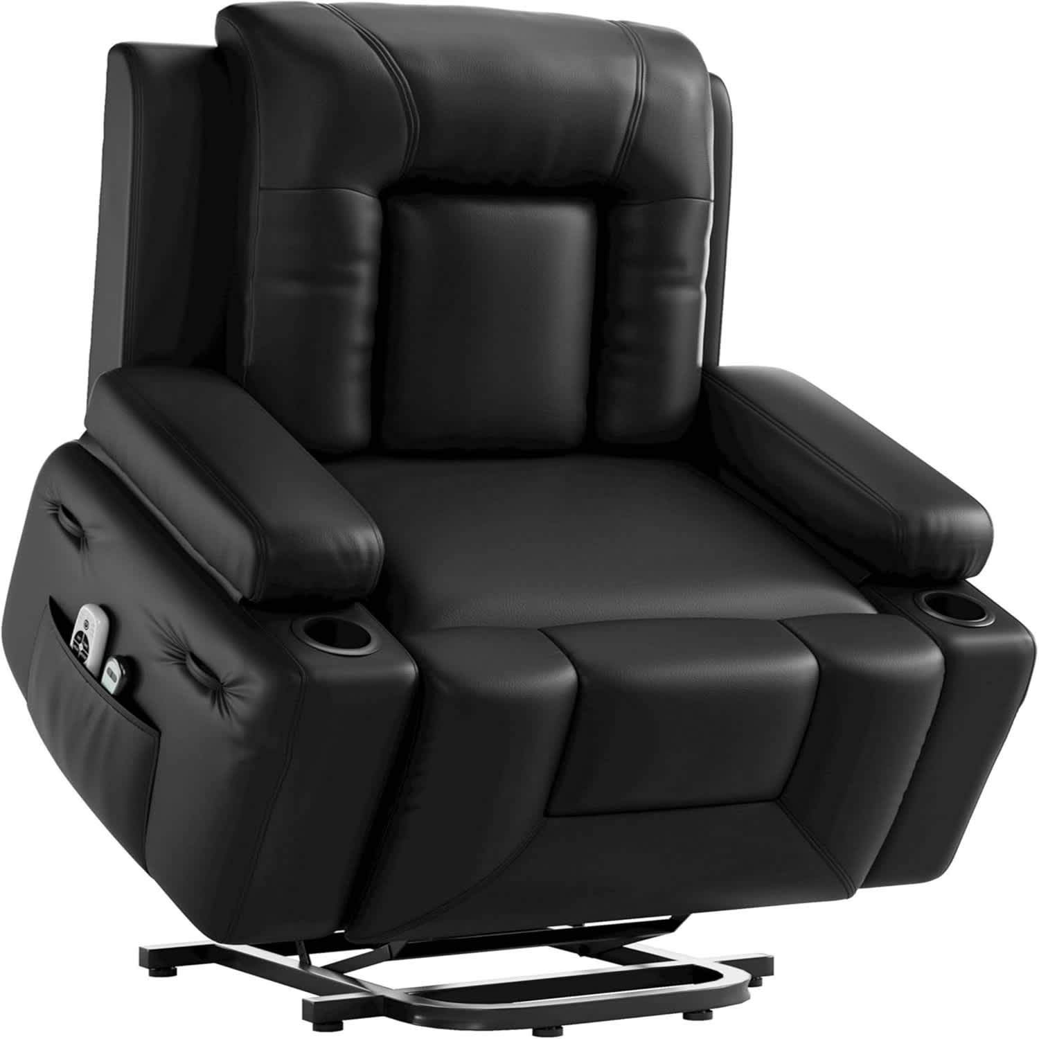 Qeetex LSHQPHK-34M67HJS 22 Inch PU Leather  Power Lift Recliner Chair - Heat and MassageBlack (Compact Cup Holder Style)