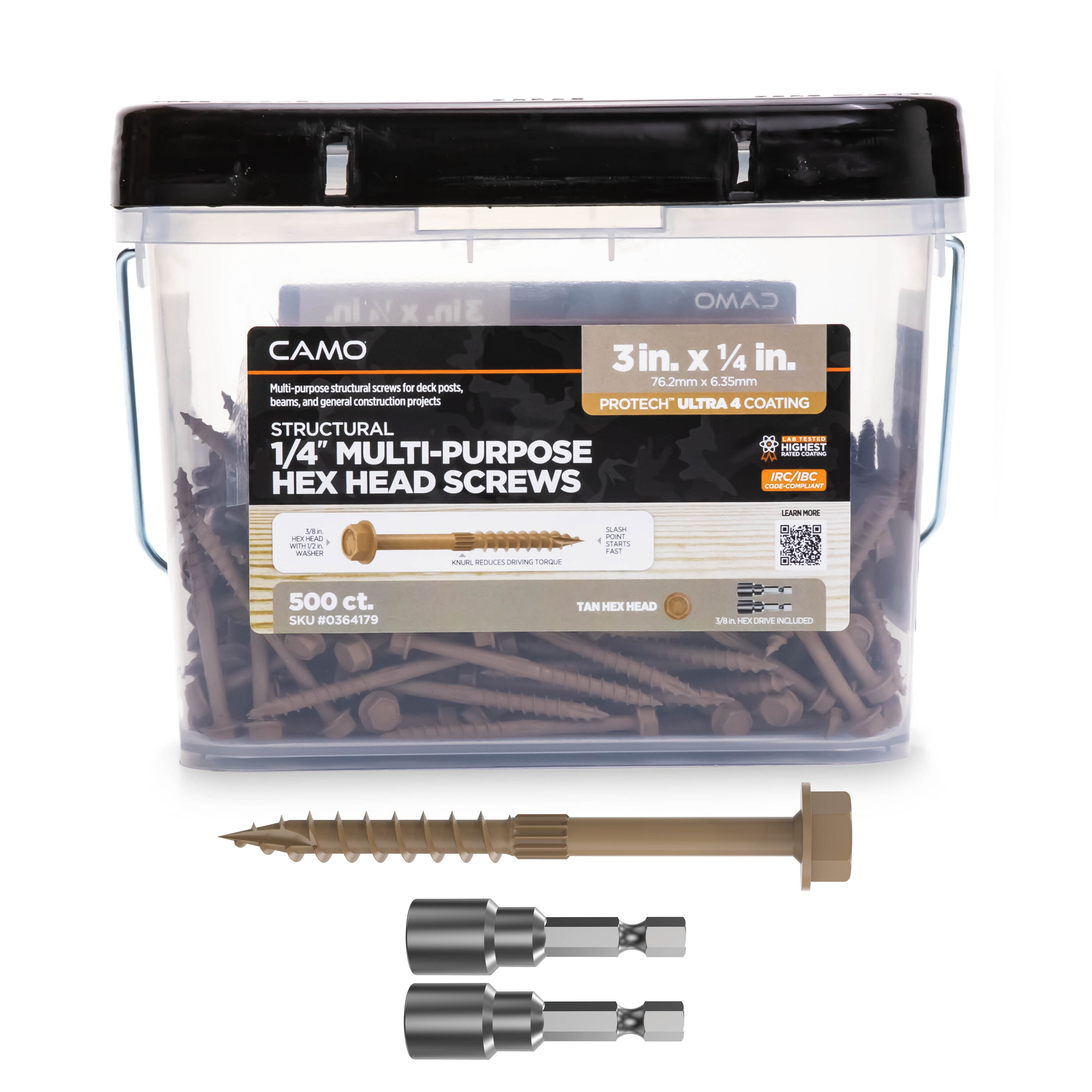 CAMO 0364179 1/4-in x 3-in Tan Polymer Hex -Head Exterior Structural wood screws 500 -Pack