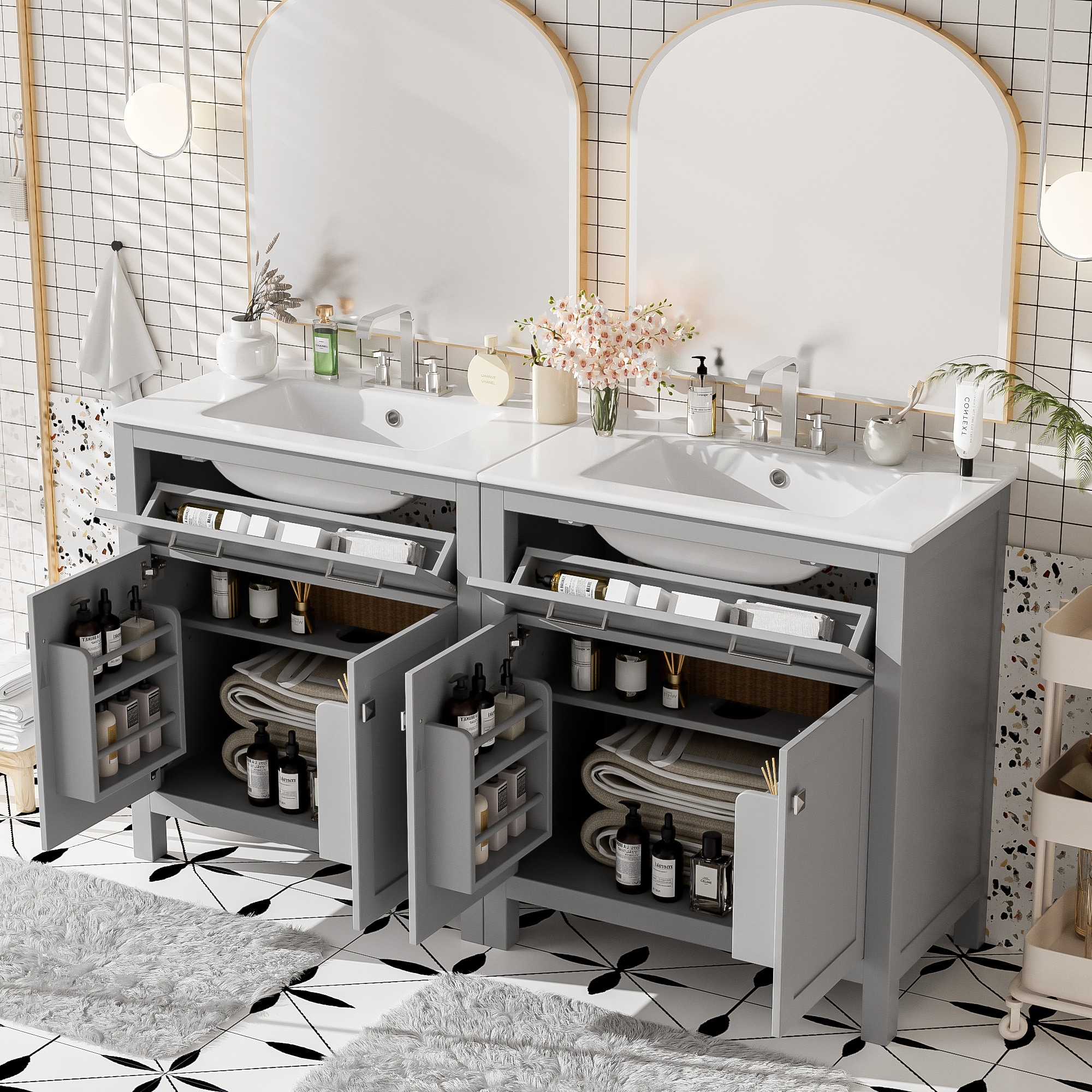 LOVMOR SF-WO-N729P000002E Modern Gray Bathroom Vanity Set with Double Vanities Soft Close Doors and Flip Drawer for Spacious Bathrooms