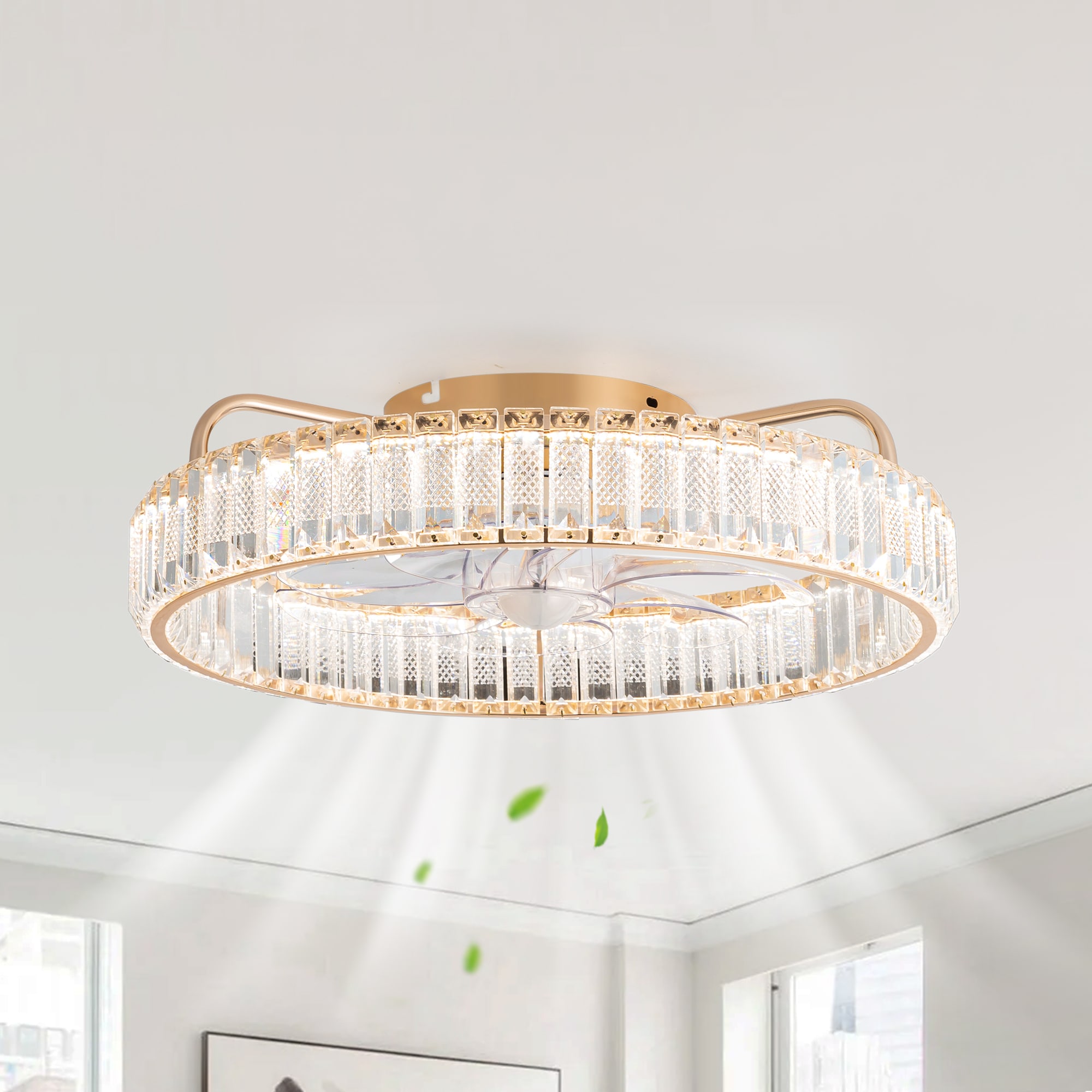 Breezary 33001-GD 20-in Color-Changing Integrated LED Flush Mount French gold with ABS Blades Fandelier Ceiling Fan With Light - Remote Included ( 7 -Blade )