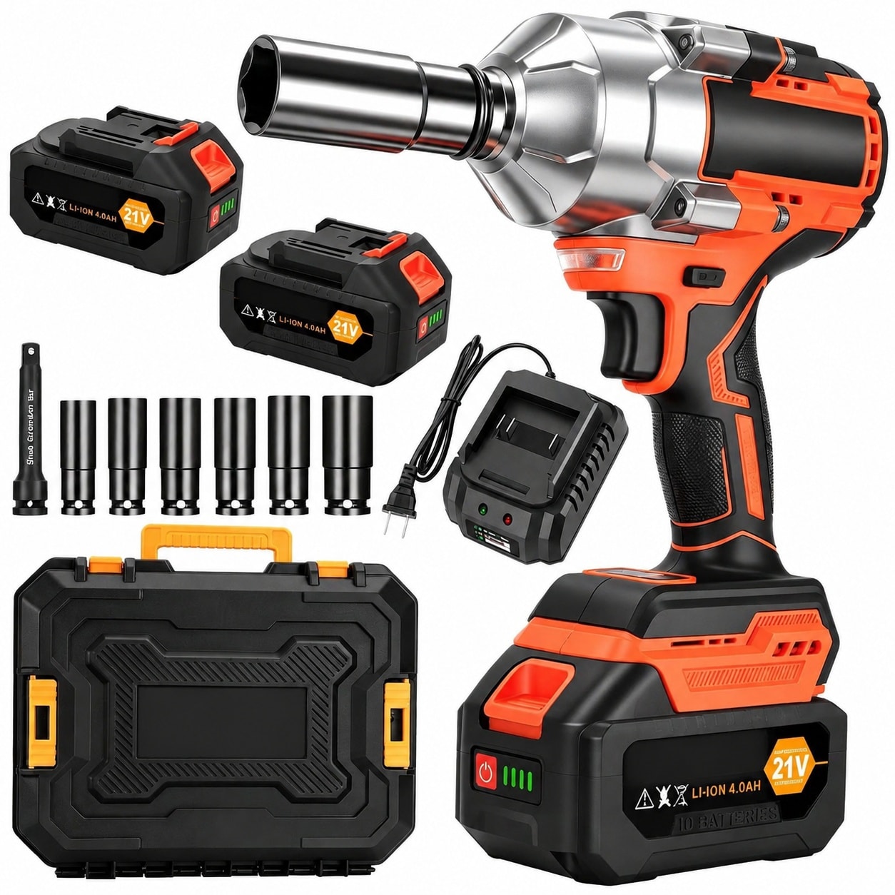 SenQWFa 1500Nm High Torque Cordless Impact Wrench 1/2 Brushless with Two 4.0Ah 21V power cells Six Sockets Extension Bar Variable Speeds for Home #LDC0827C198