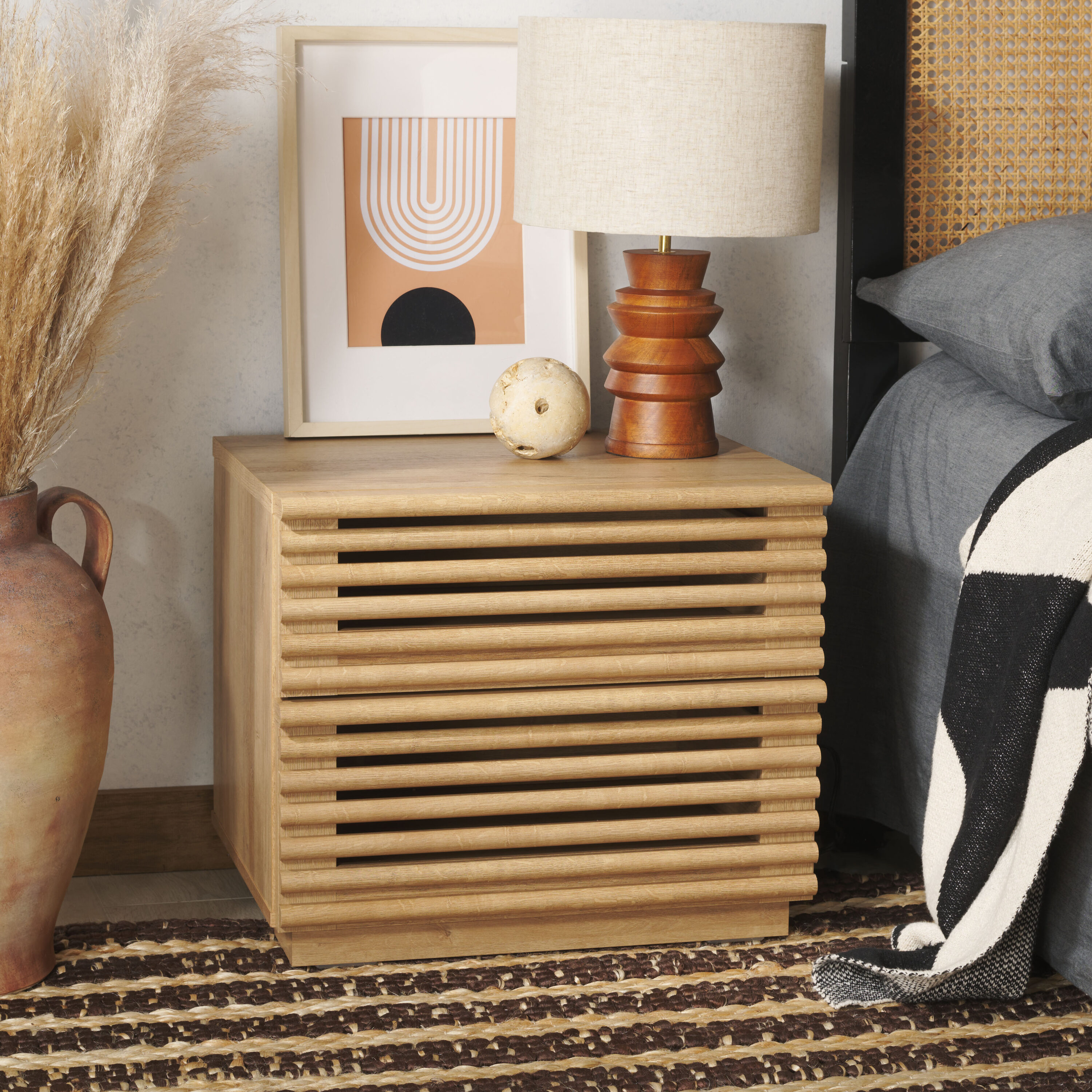 Averi Rustic Oak 2-Drawer Slatted Nightstand