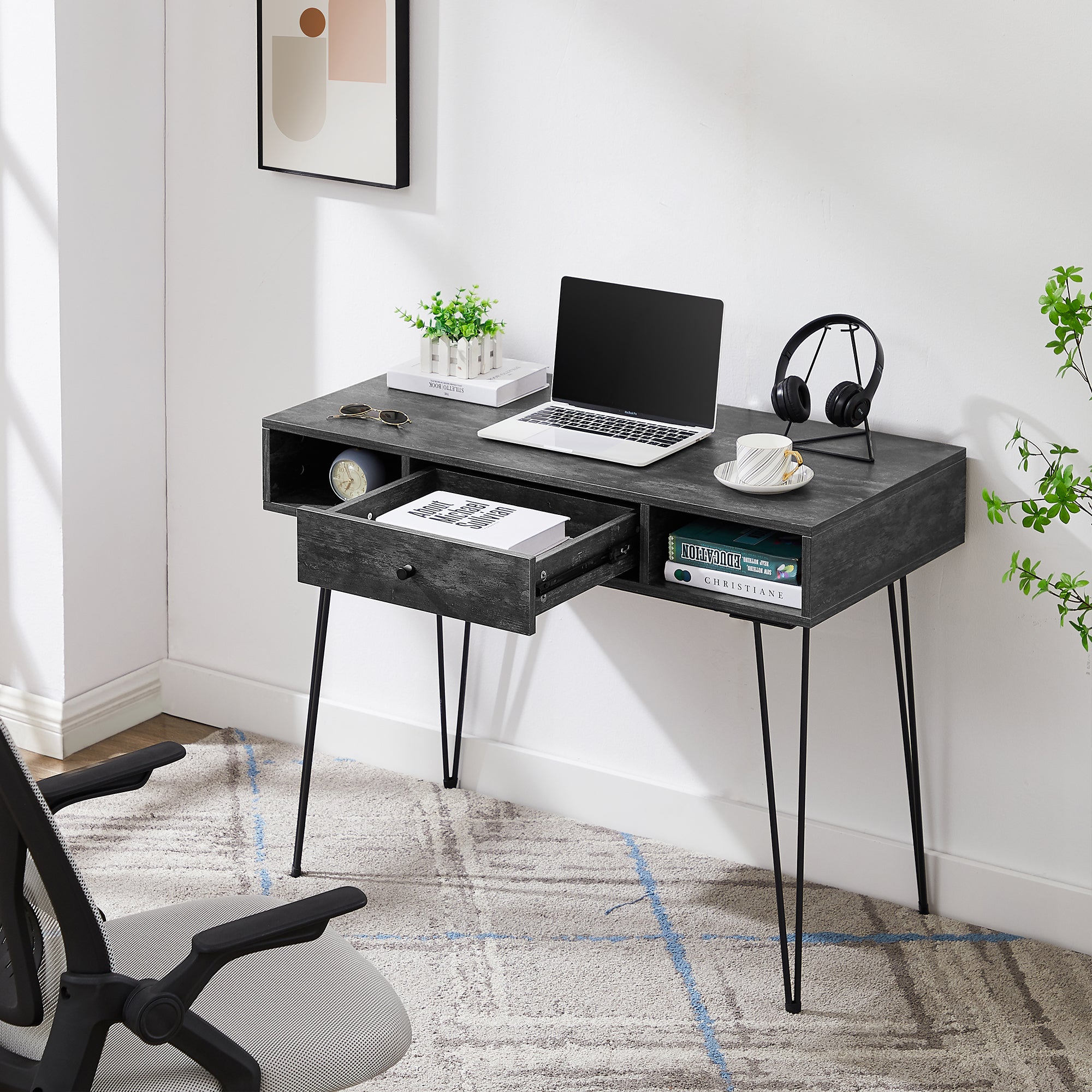 Vecelo LOE-JYX-CD02-CGY Home Office Work Table with Drawers Computer Desk with Hairpin Leg for Writing Study