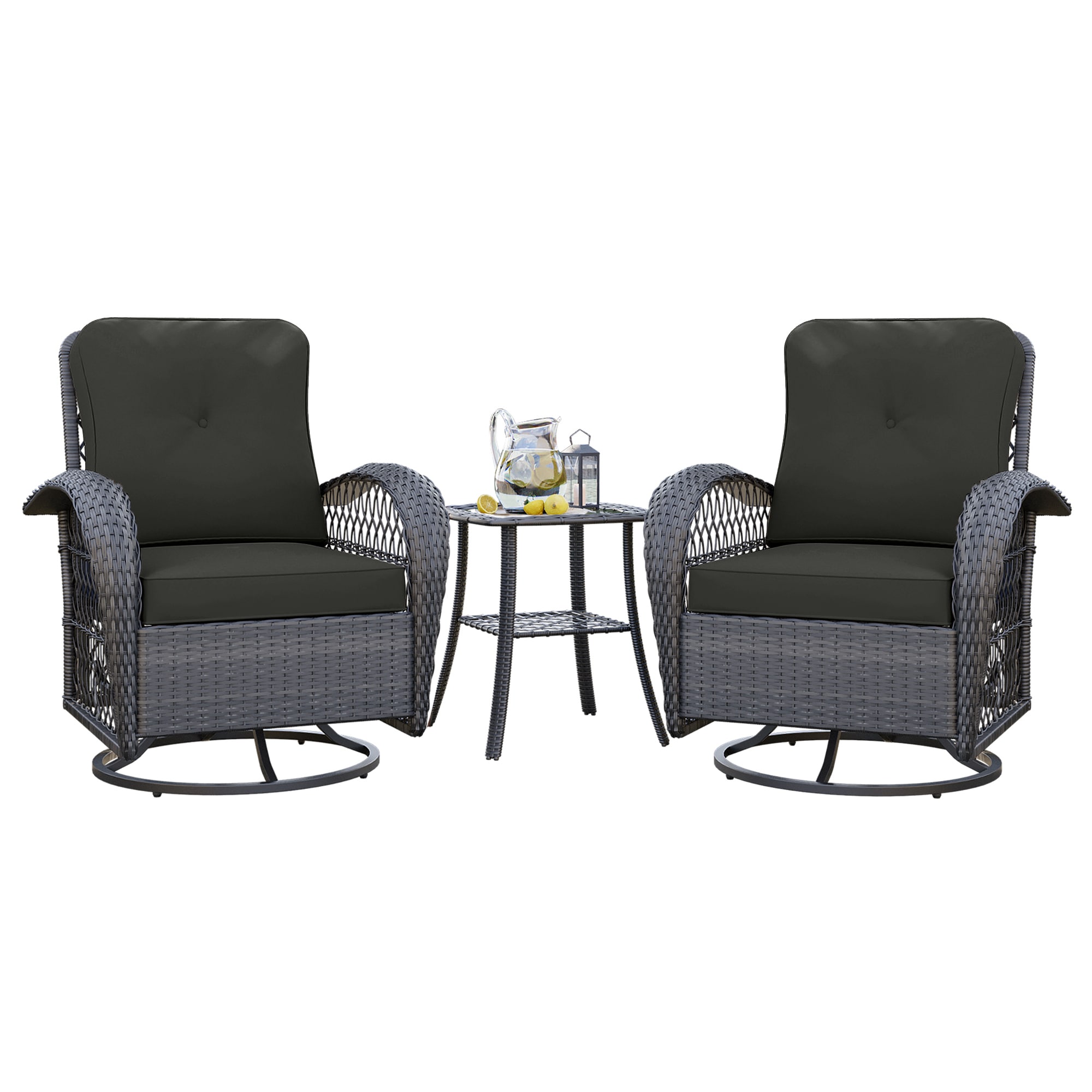 UPHA - 3-piece wicker swivel chairs with cushions Set of 2 Wicker Brown Iron Frame Swivel rocker ...