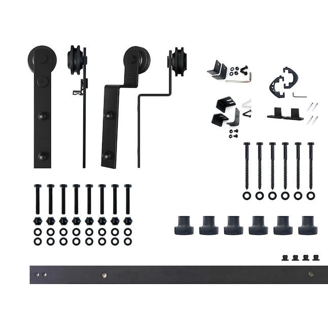 12 ft./144 in. Black Bent Strap Sliding Barn Door Track and Hardware Kit for Single Door with Floor Guide 12 ft./144 in. Black Bent Strap Sliding Barn Door Track and Hardware Kit for Single Door with Floor Guide