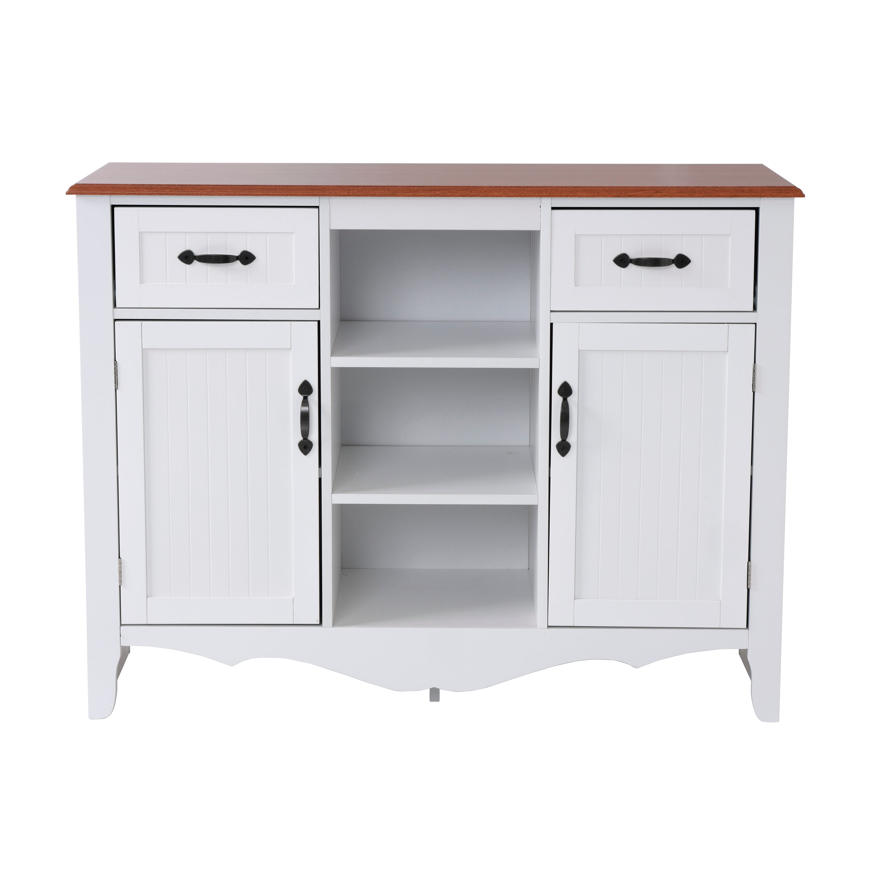 White and Pine Countryside Buffet with Drawers and Doors