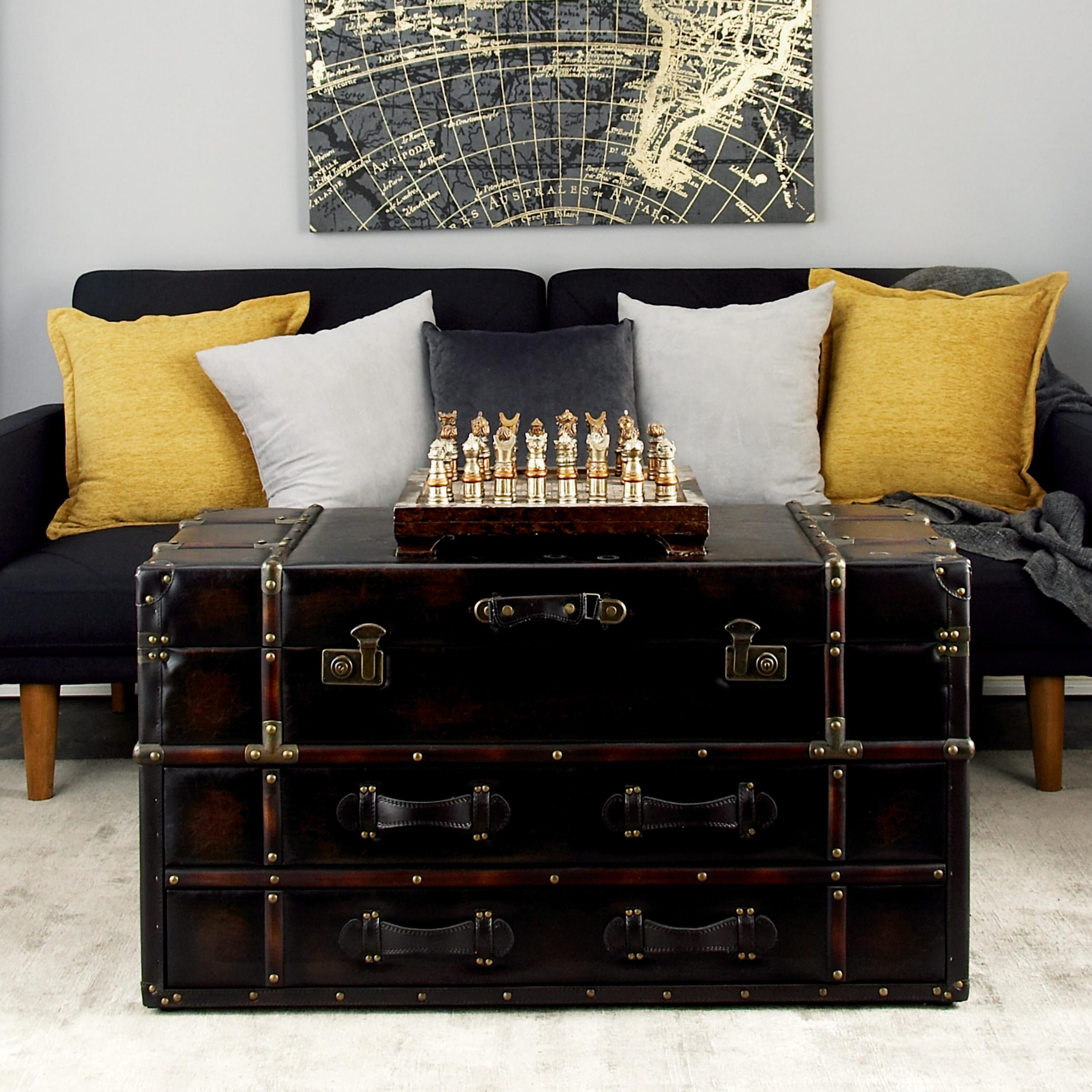 Grayson Lane 55747 21" Vintage Faux Leather 2 Drawer Pine Wood Rustic Coffee Table