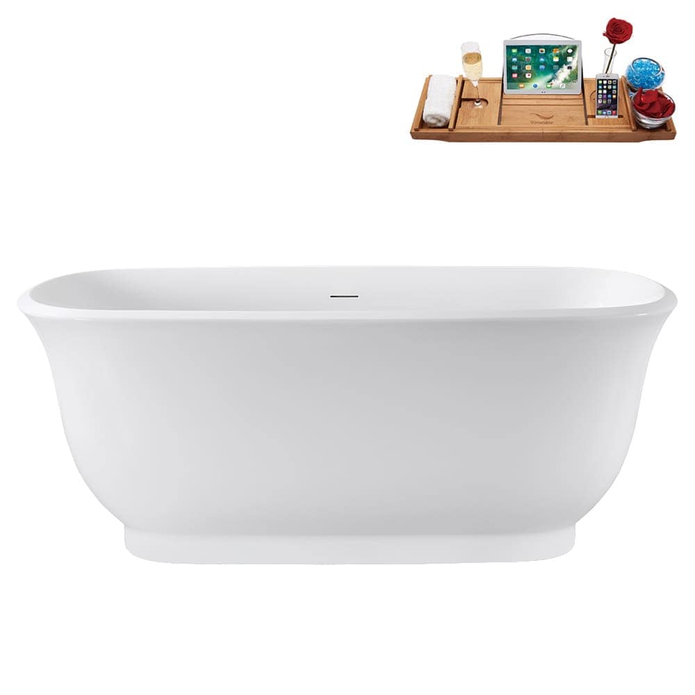 Streamline 59 inch  Soaking Glossy White Freestanding Tub and Tray With Internal Drain in Brushed Nickel