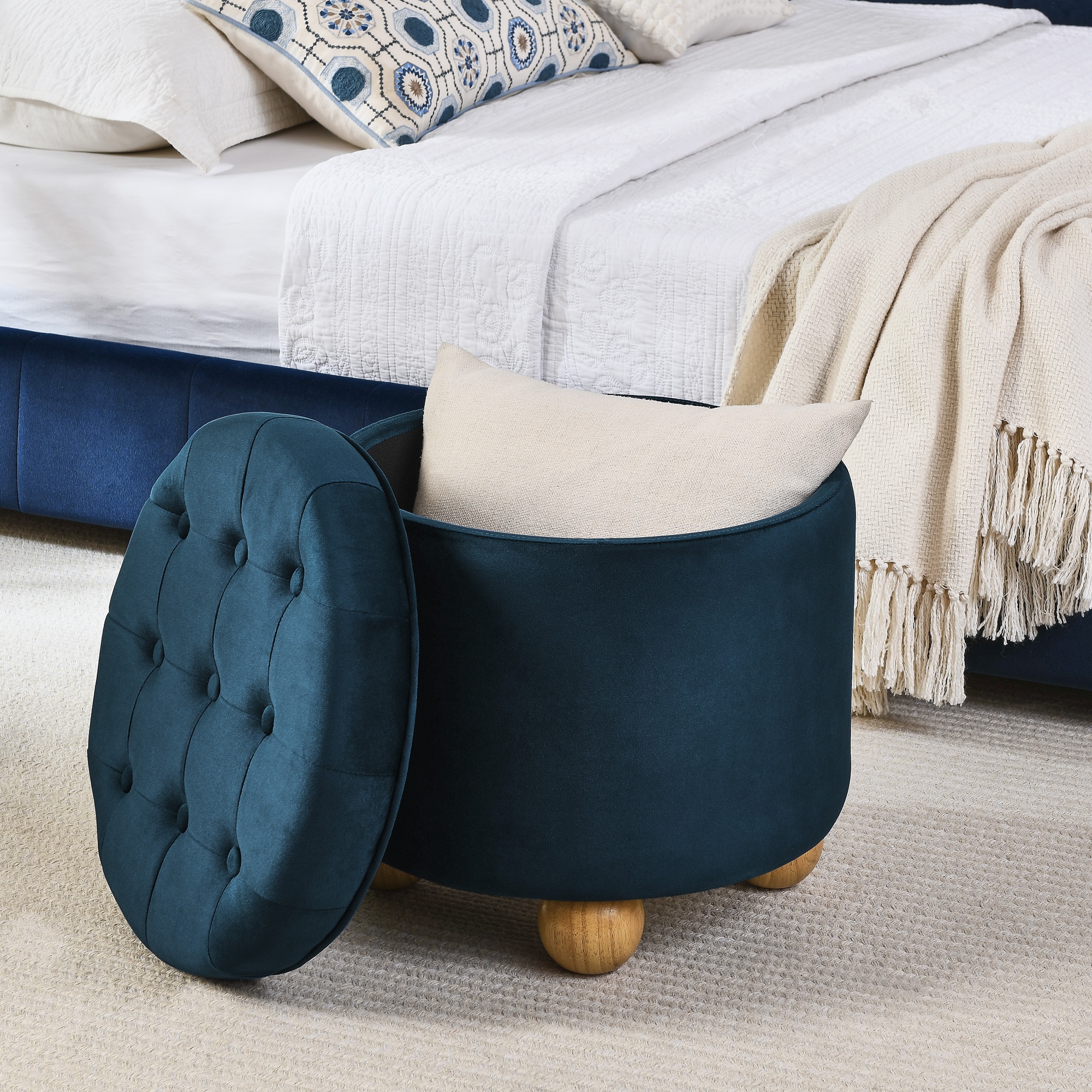Bayfeve BF-243604-IN Round Flannel Button Ottoman Rustic Dark blue Storage Bench with Storage 18.5-in x 18.5-in x 18.1-in