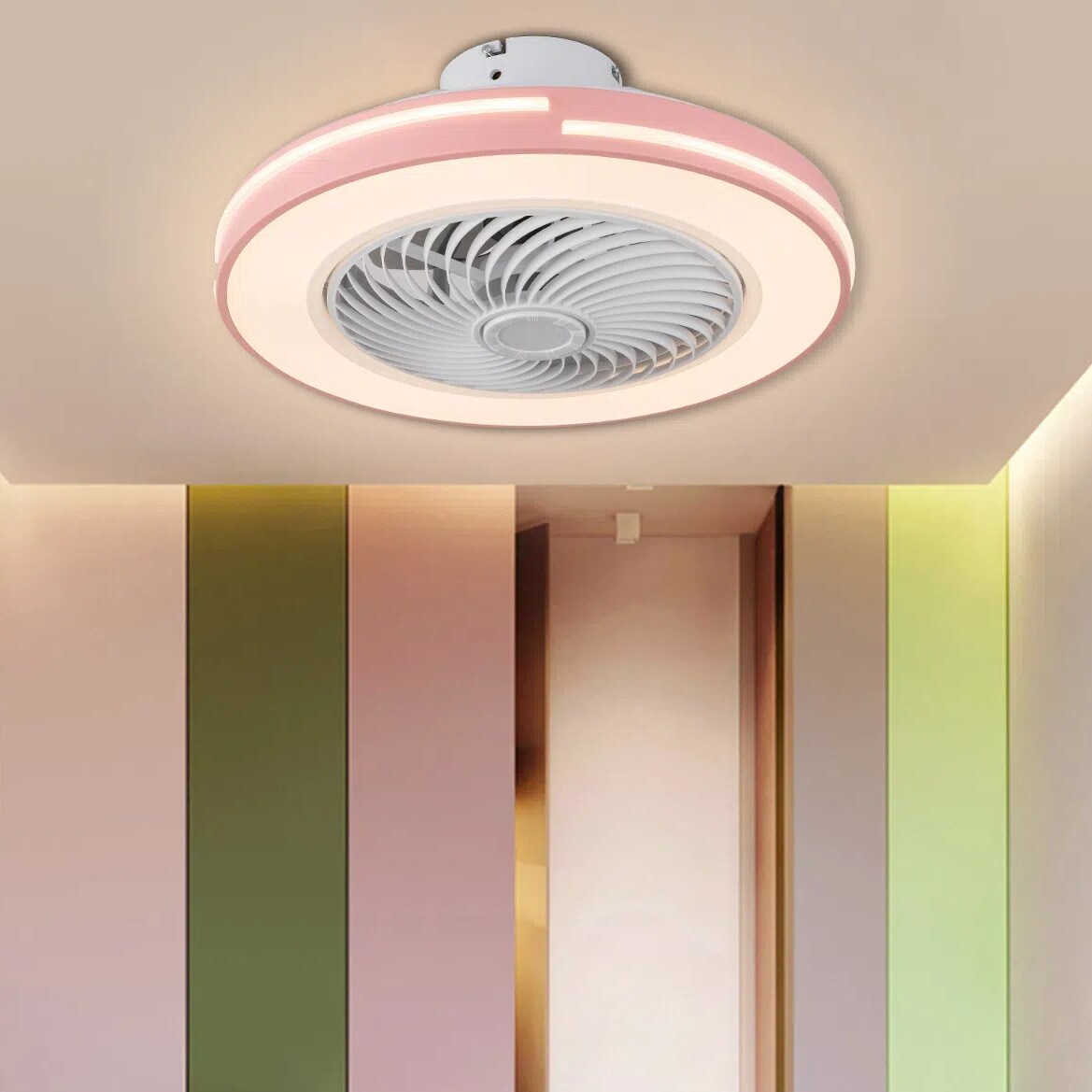 Oukaning HG-HCXLST-4164-US 20-in Color-Changing Integrated LED Flush Mount Enclosed Pink Round Reversible Dimmable with ABS Blades Fandelier Ceiling Fan With Light - Remote Included ( 5 -Blade )