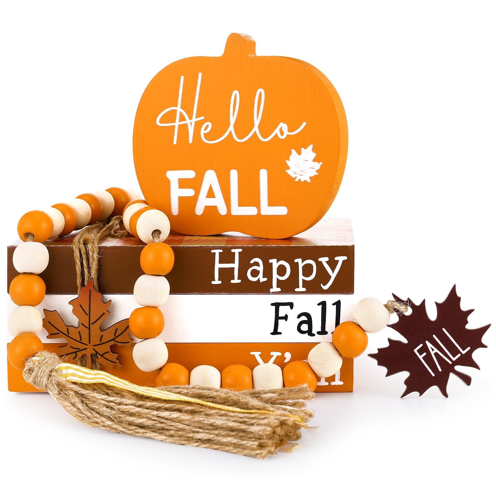 Misopily  Fall Tiered Tray Decor Set Wooden Sign Book Stack Pumpkin Maple Leaves Bead Garland Rustic Farmhouse Thanksgiving Table Centerpiece