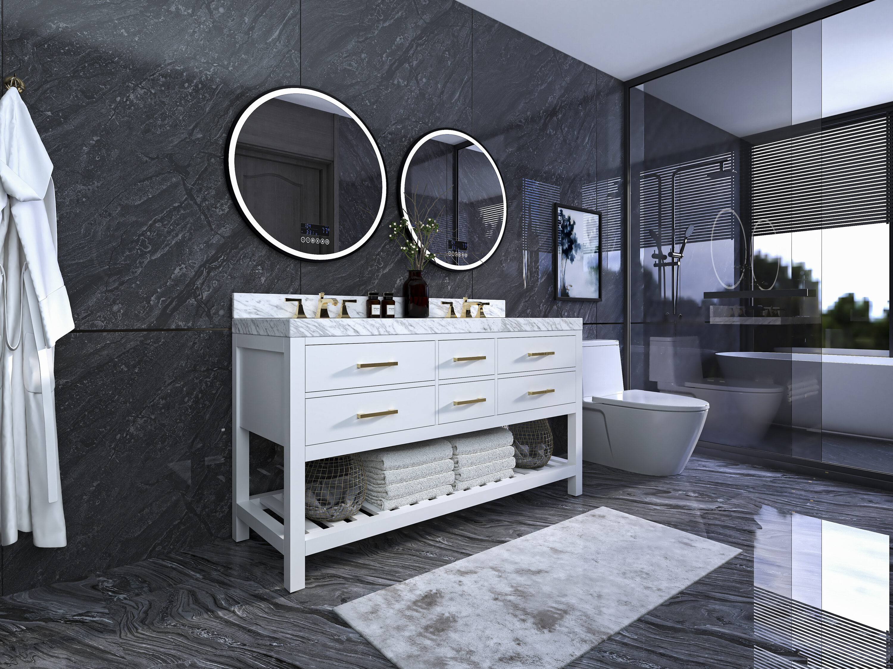 Elizabeth 60'' White Marble Double Vanity with Gold Hardware