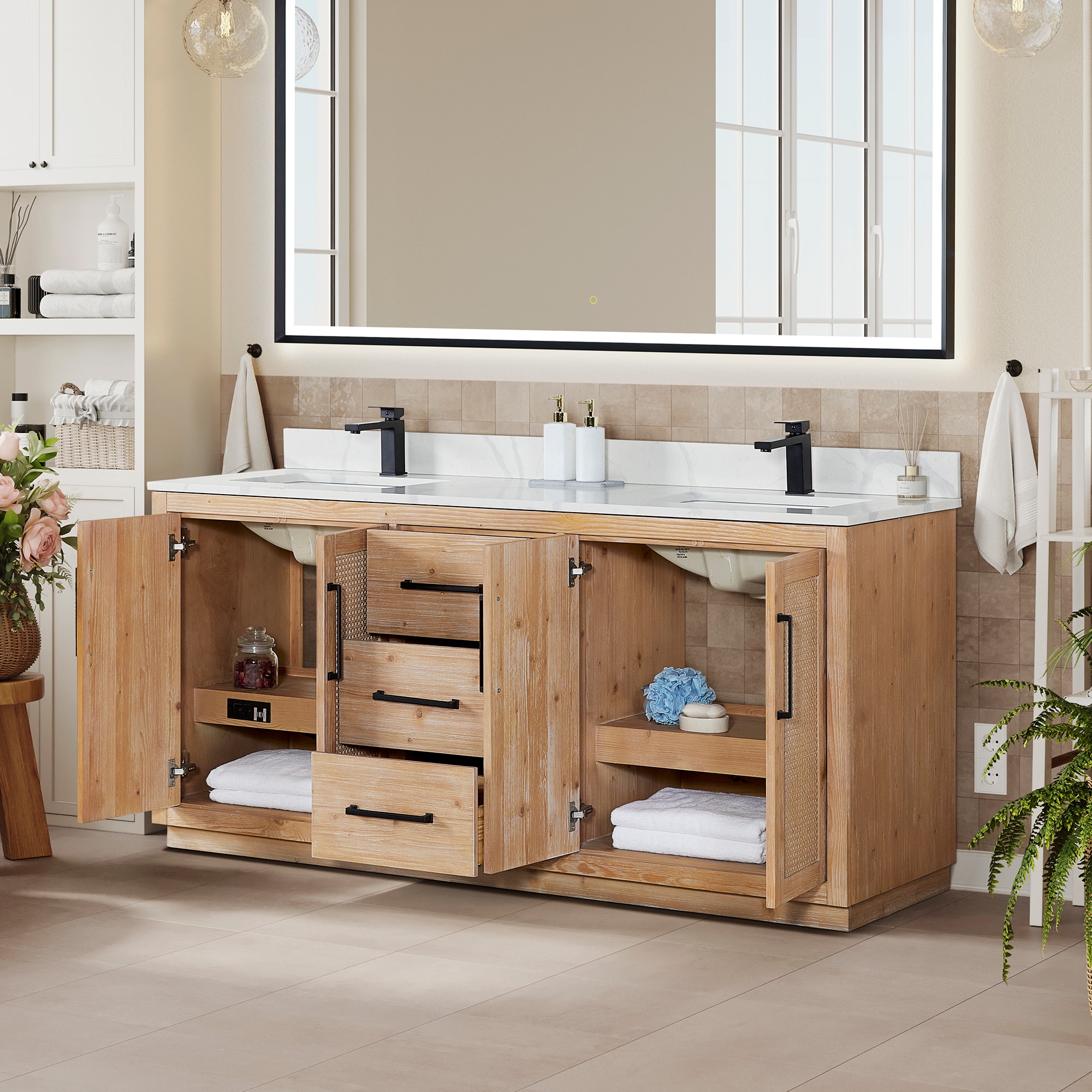 Light Brown Double Sink Freestanding Vanity with Rattan Doors and Quartz Top