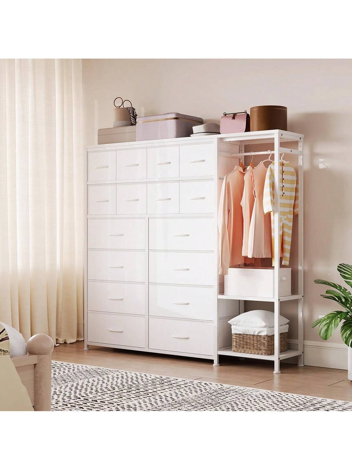 Qeetex BY-PHK-33N4FT8G Large Clothes Storage Rack 16 Drawer and 2 Tier Shelves Space Saving Freestanding Wardrobe For Small Bedroom Apartment No Assembly Needed Breathable Fabric Drawers