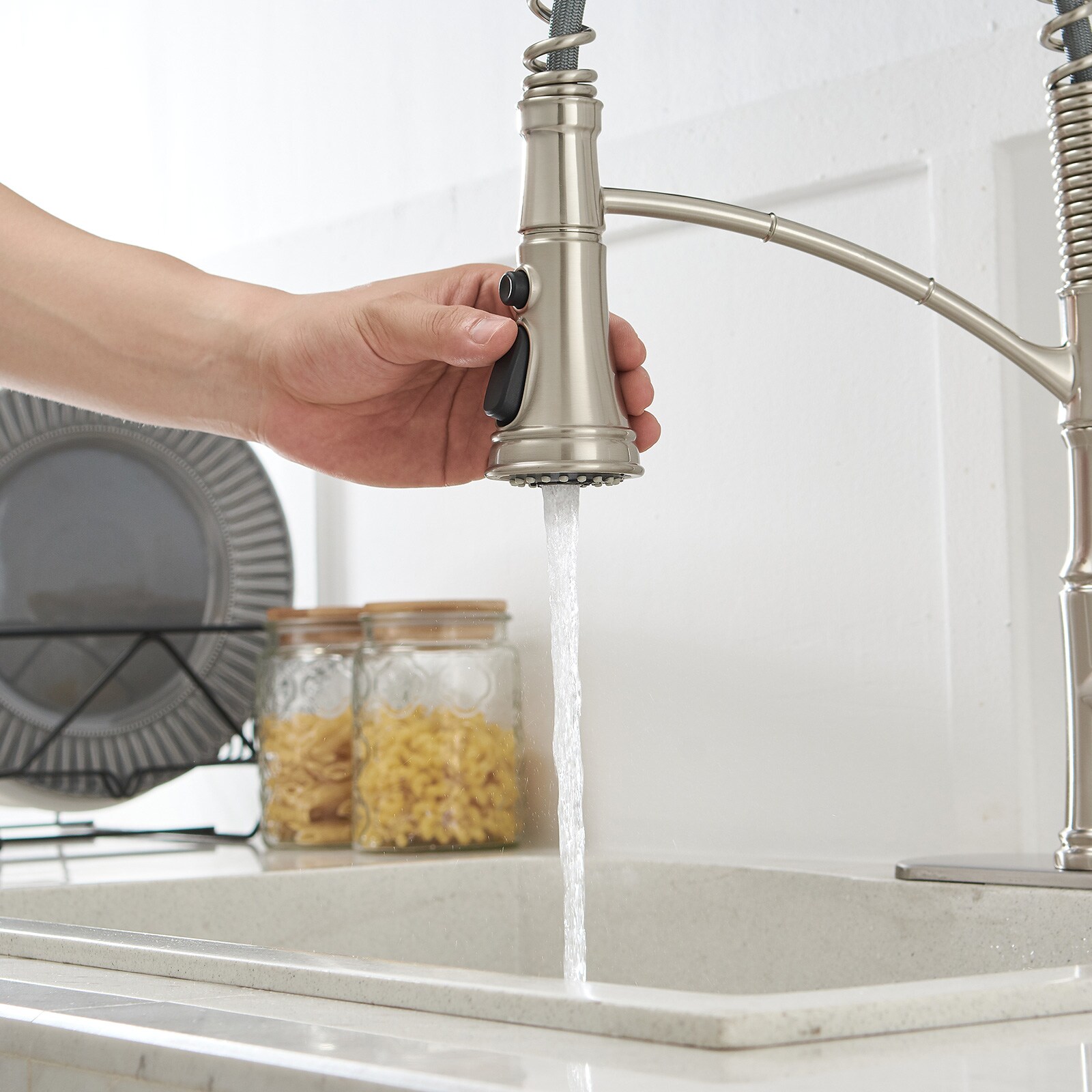 Brushed Nickel Single-Handle Pull-Down Kitchen Faucet with Deck Plate