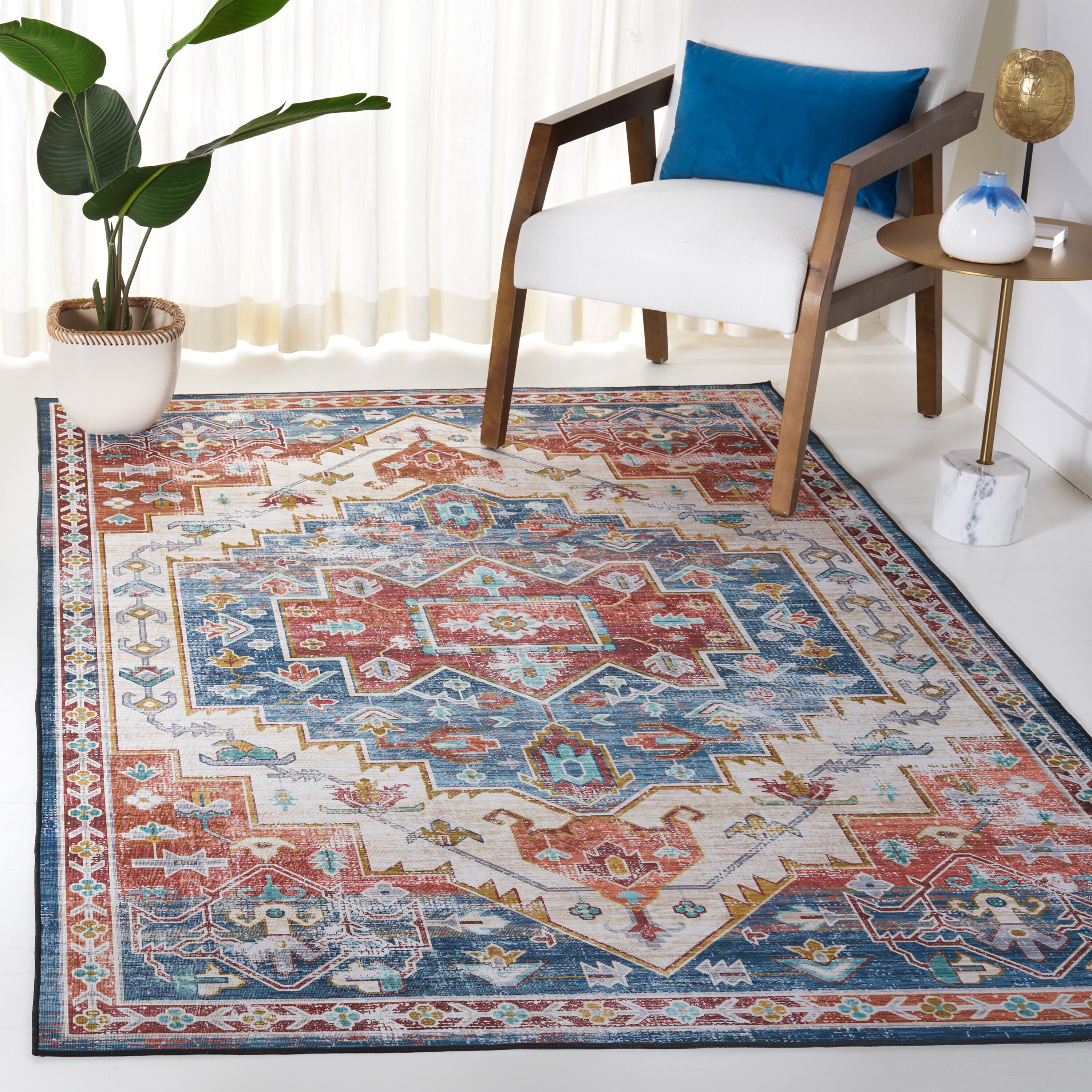 Tucson Vintage Persian 116M Blue Rust Machine Washable/Slip Resistant 5ft x 8ft Traditional Rug