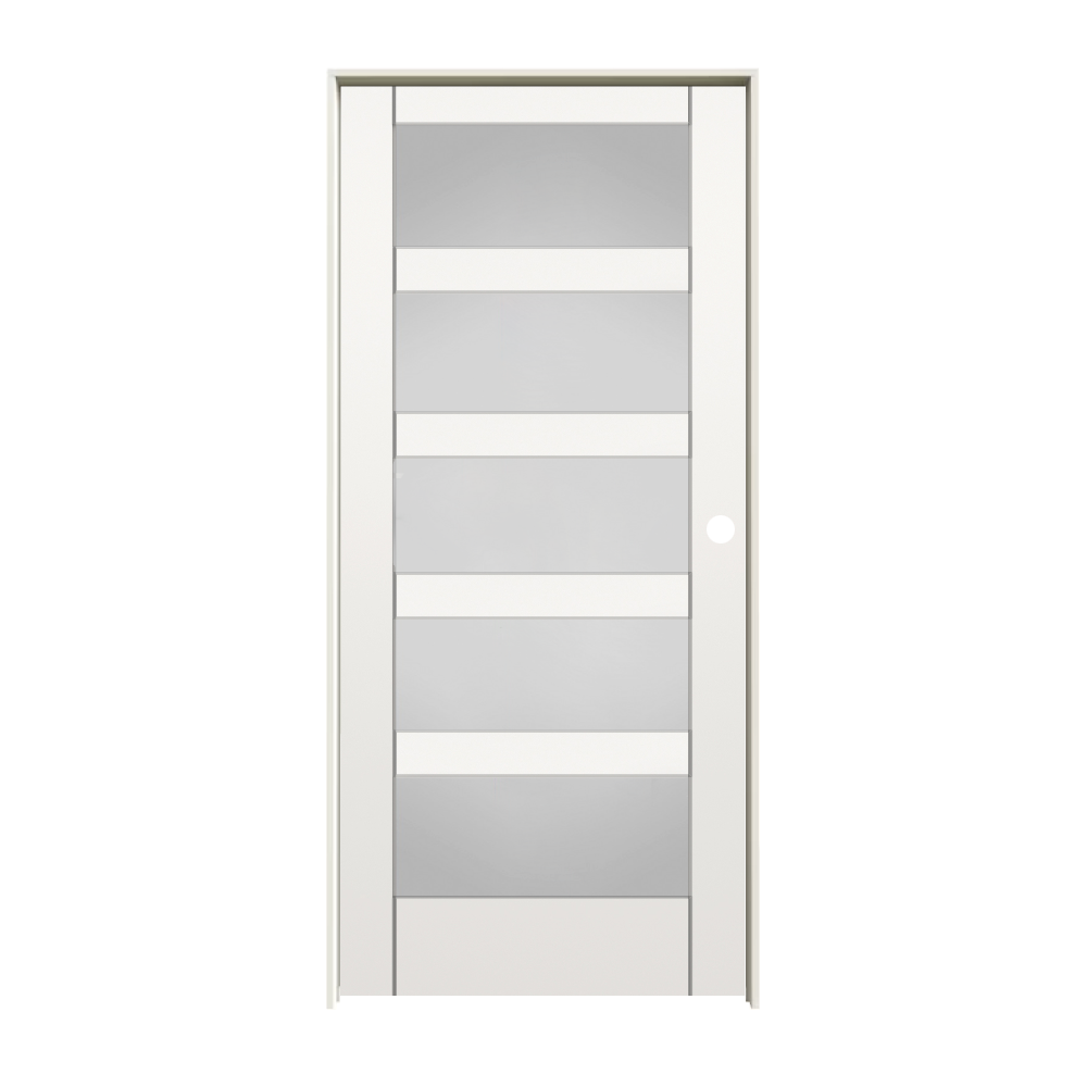 RELIABILT 10129732 28-in x 80-in primed Solid core 5-panel equal Frosted glass Left hand Smooth Primed MDF Flat Jamb Single Prehung Interior Door