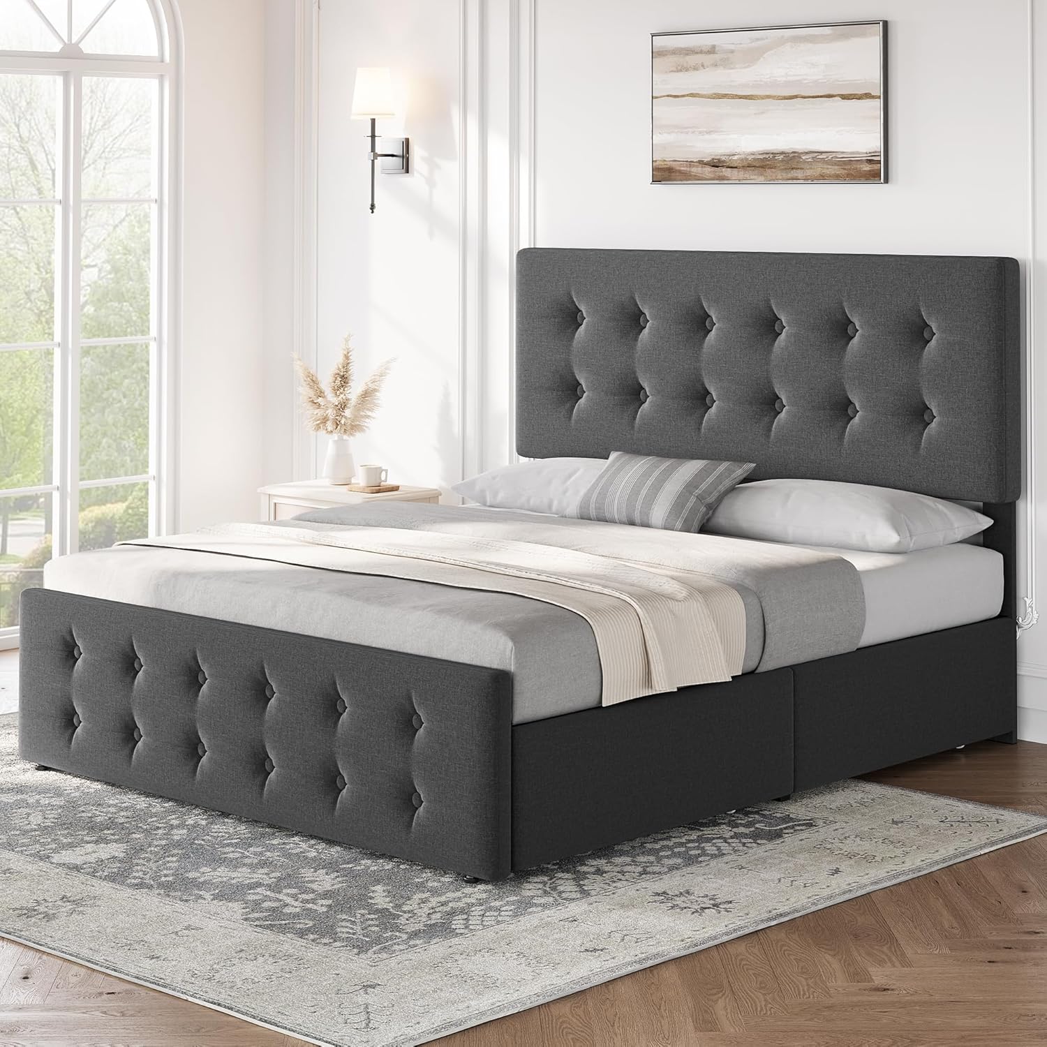 Qeetex LHF-BED-PHO-121URIOT Full Size Bed Frame with 4 Storage Drawers and Headboard Linen Upholstered Platform Bed Frame with Wooden Slats Support Button Tufted Design No Box Spring Needed Light Grey
