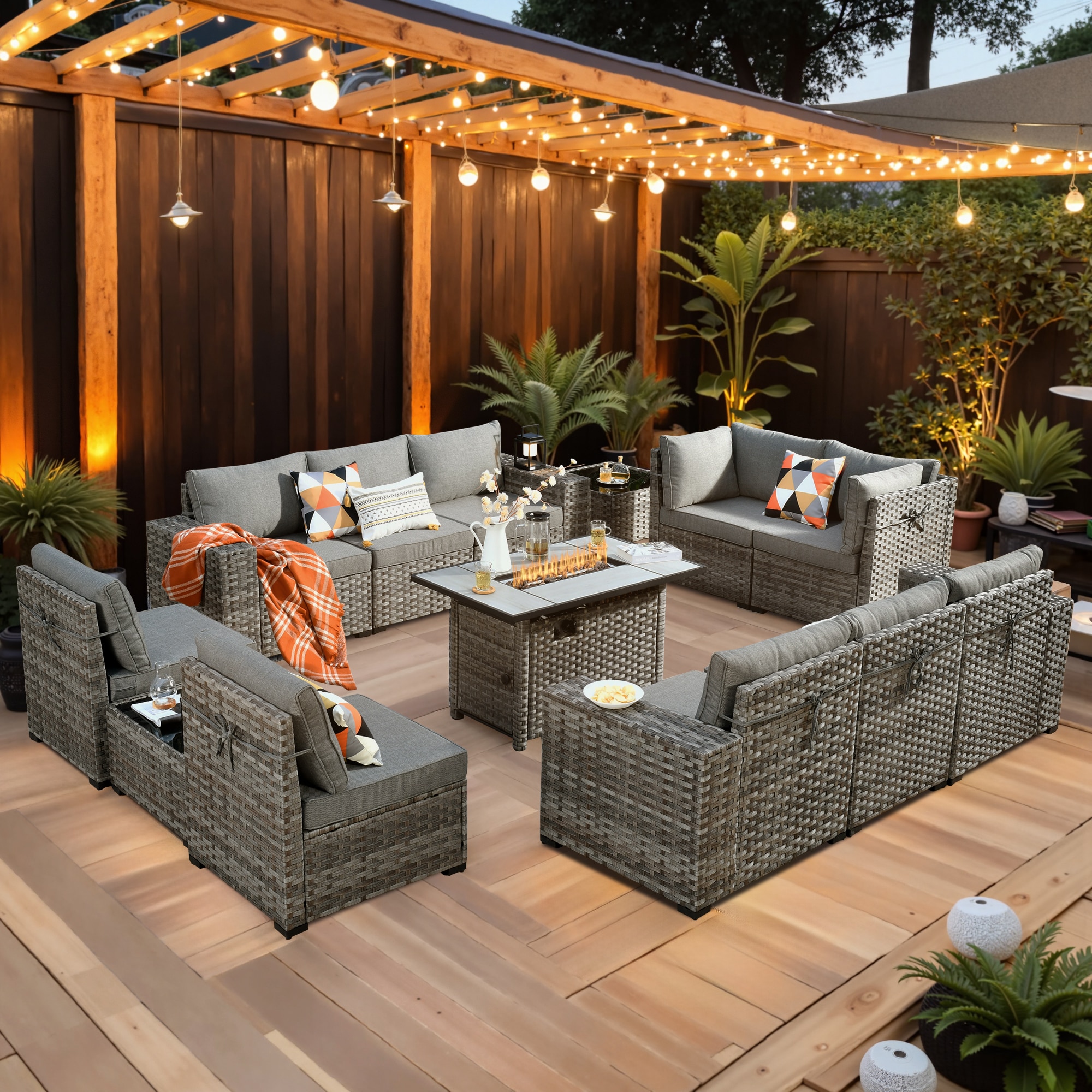 Ovios RFPRS504 13 -Piece Wicker 2 Patio Sofa Conversation Set with Gray Cushions