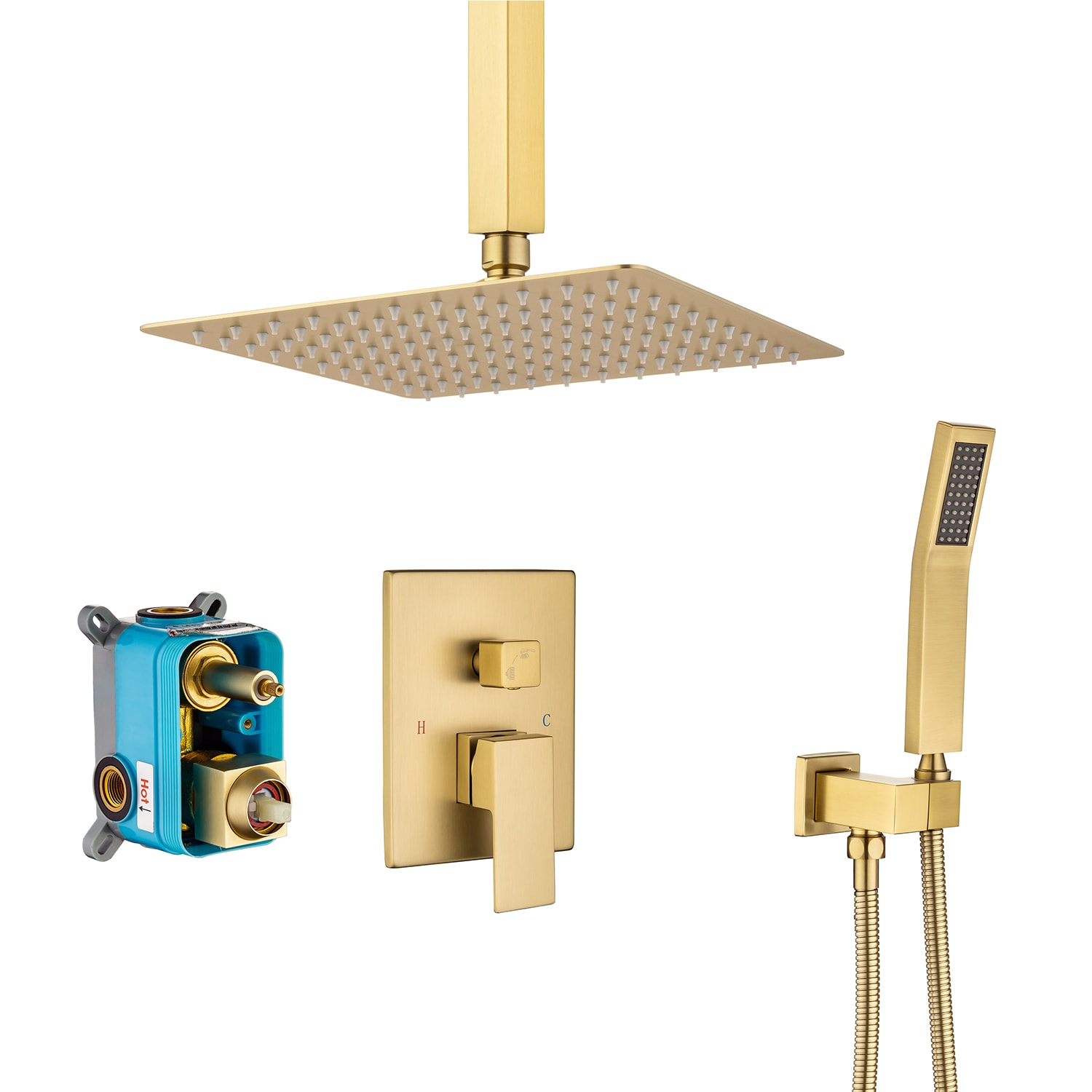 Rainlex 10 inch Single Handle 2 Sprays Square Showerhead Rainfall Shower Faucet with Valve in Brushed Gold