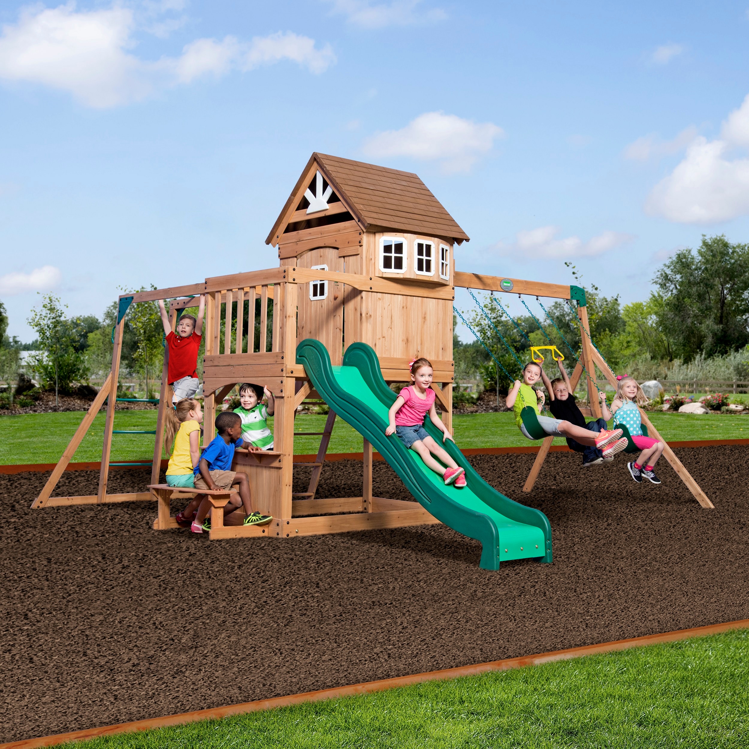 Backyard Discovery 30211FCOM Montpelier Playset Residential Wood Playset with 2 Swings and Slide Included