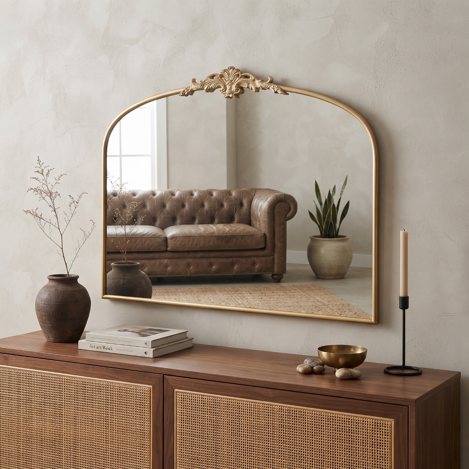 Lirago 40 in W x 30 in H Large Arched Antique Decorative Wall Mirror Vintage Baroque Gold Dressing Rooms Bathroom Gleaming Gold #FXL20612-609B03