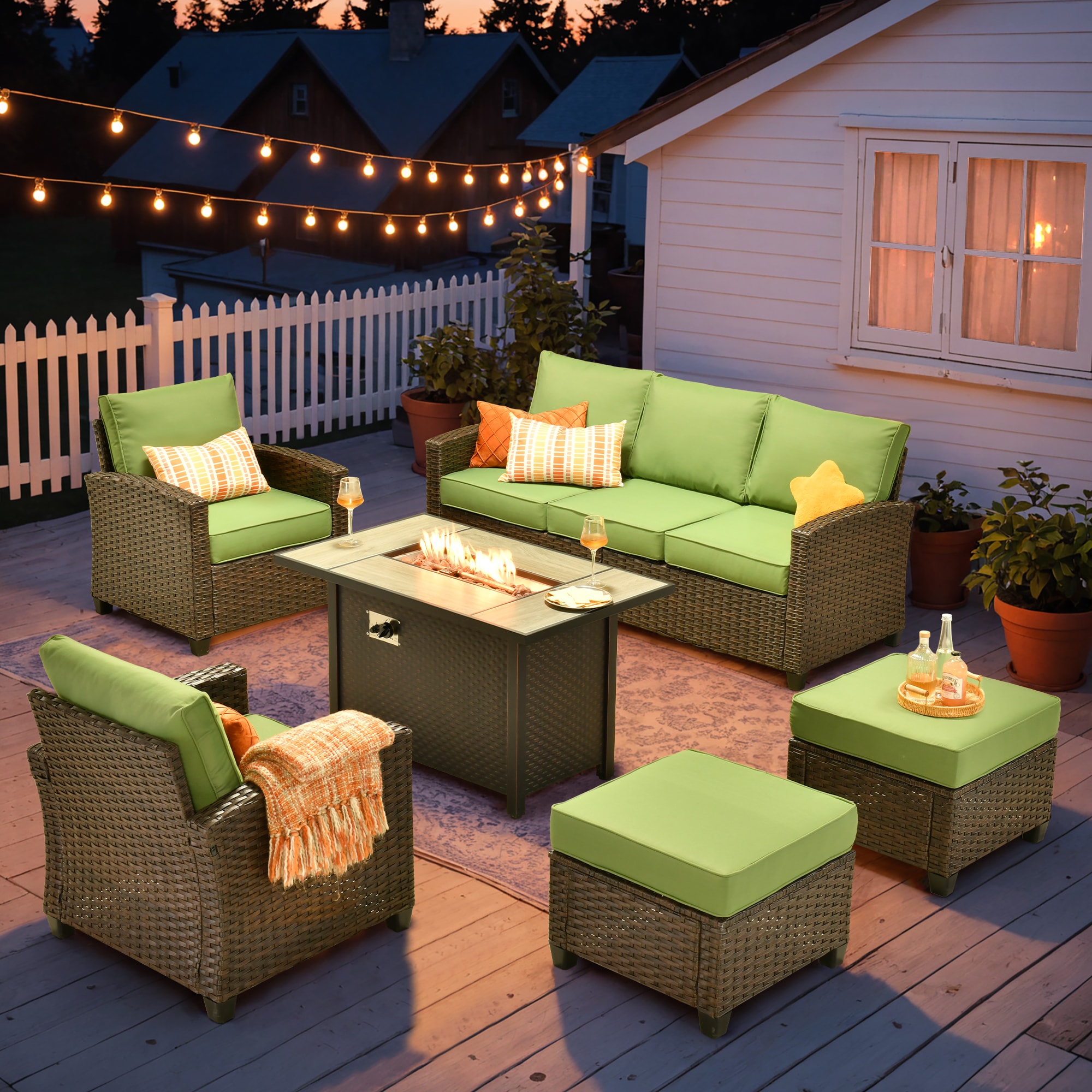 Caodoc L5-GY-PRS901-1 GY-PRS Rattan Outdoor Sectional with Green Cushions and Wicker Frame