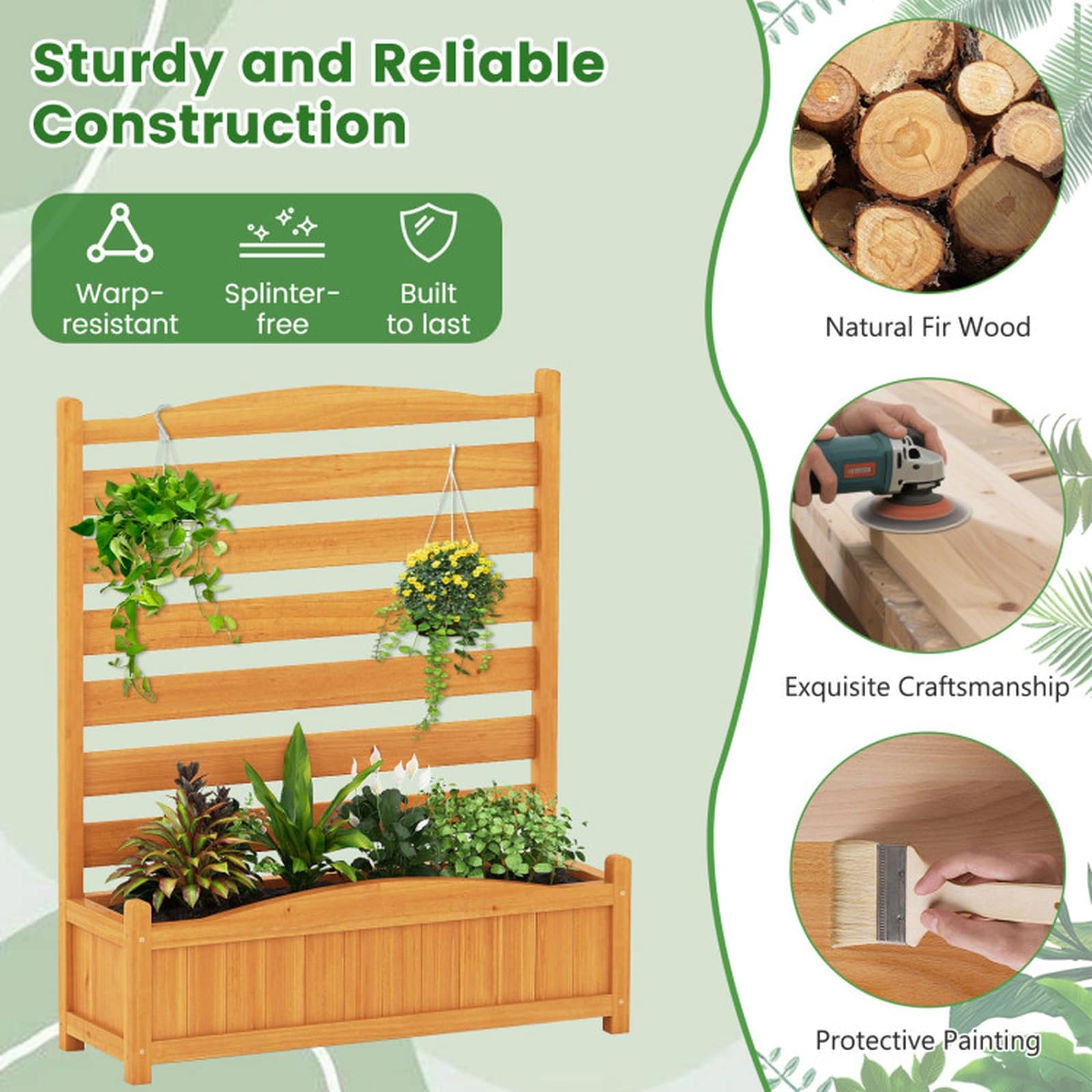 SUGIFT 3-Panel Freestanding Wood Privacy Screen with Planter Box 34-in ...