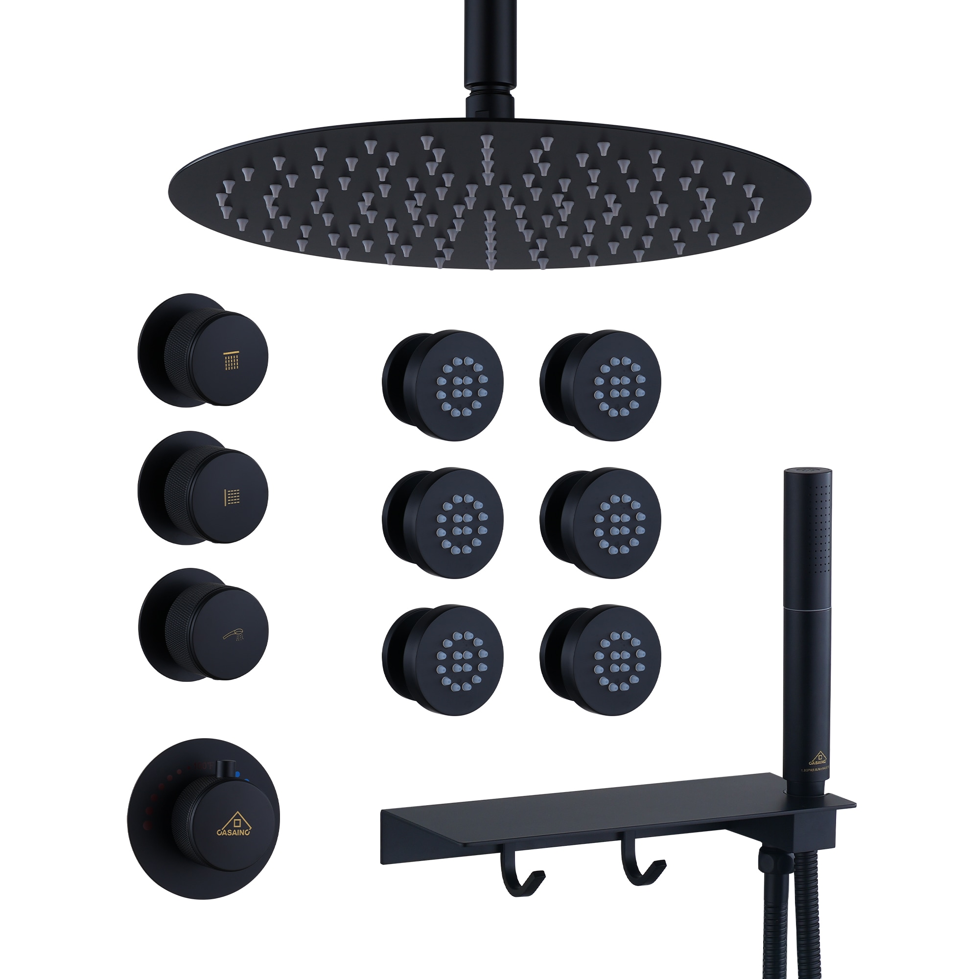 CASAINC KCHS0004-12MB Matte Black 12-in Built-In Shower Faucet System with 3-way Diverter ( Thermostatic Valve Included )