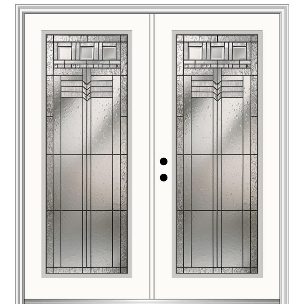 MMI DOOR ZZ3665197R 72-in x 80-in x 6-9/16-in Fiberglass Full lite Right-hand inswing Alabaster Painted Prehung Double Front Door with Brickmould Insulating core