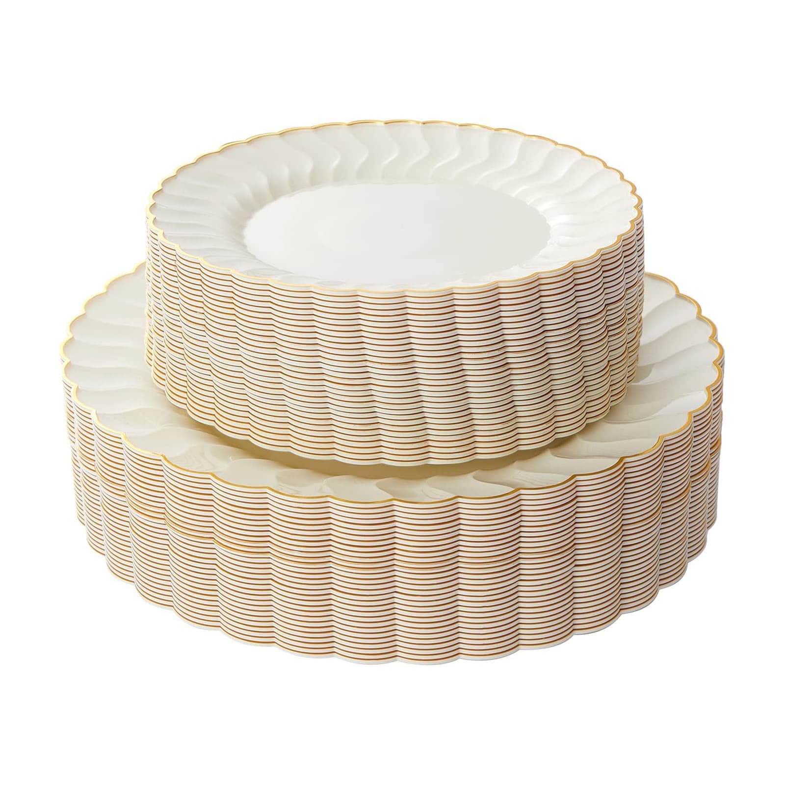 60PCS Ivory Scalloped Plastic Plates Gold Rim 30 Dinner Plates 10.25 Inch 30 Dessert Plates 7.5 Inch Disposable for Wedding Party #LMS0106T43