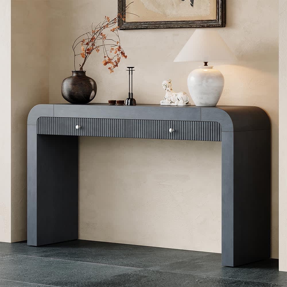 JUJABU DINCABINET-8 Dark Navy Rustic Console Table with Fluted Drawer Front Sturdy Sofa Table for Hallway and Living Room