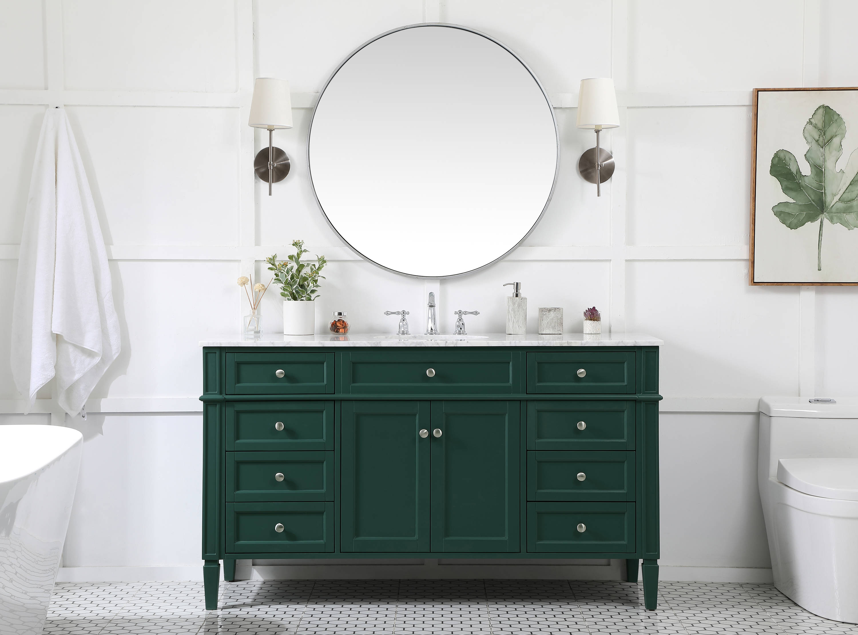 Green Solid Wood and Marble Single Bathroom Vanity